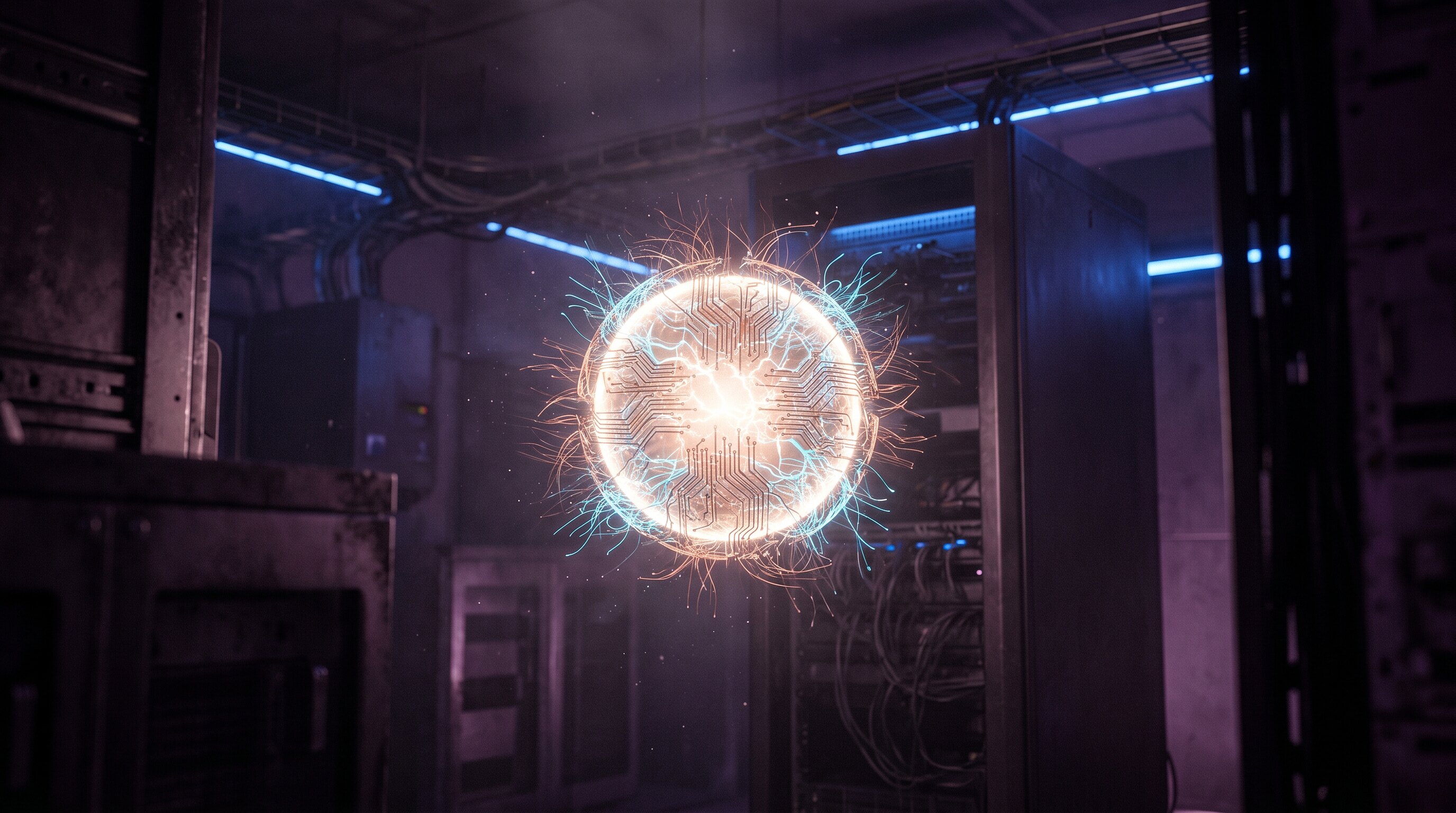 A glowing autonomous AI agent core rendered in deep violet and electric blue, symbolizing cheap agentic AI infrastructure