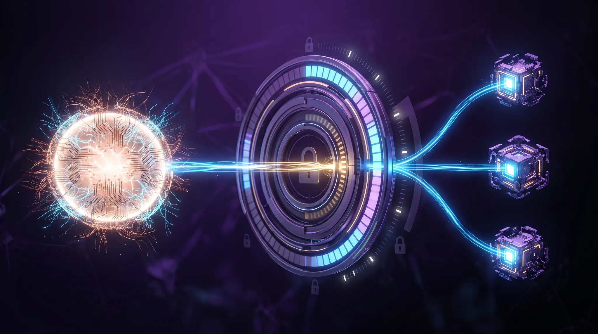 A glowing AI agent sends a bounded transaction through a locked metering gate toward three paid digital services