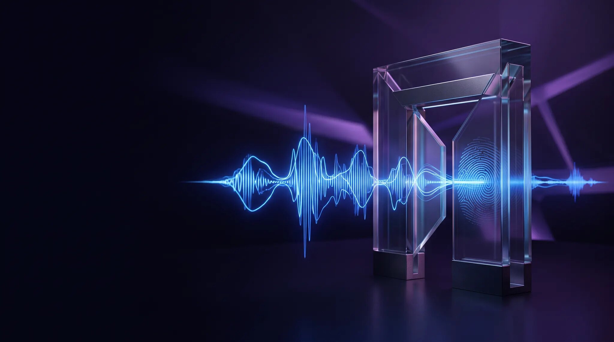 An electric blue audio waveform passing through a glass verification gate with a fingerprint signal on a dark purple background