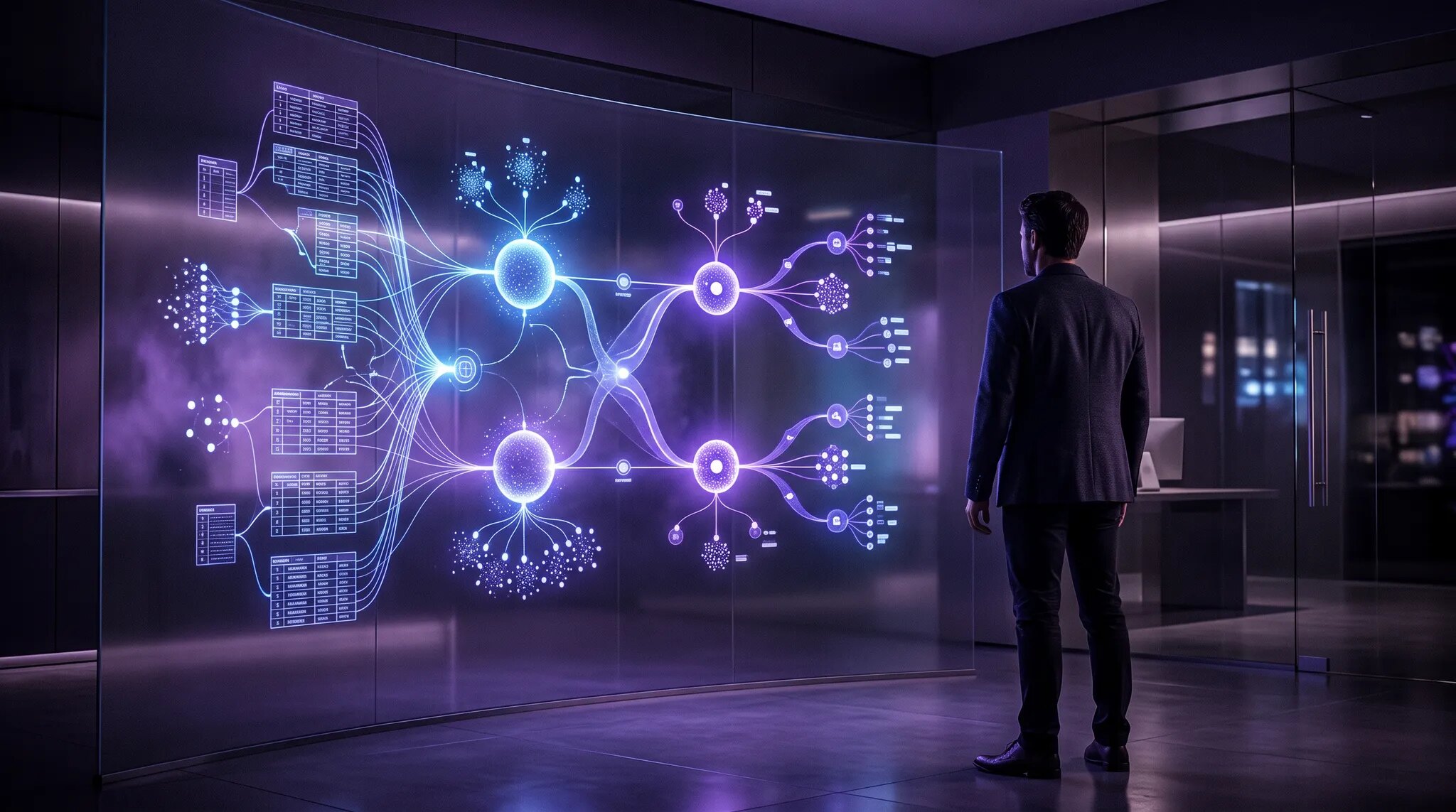 A domain expert studying a glowing network of business metrics and connected data in a dark violet and electric blue workspace