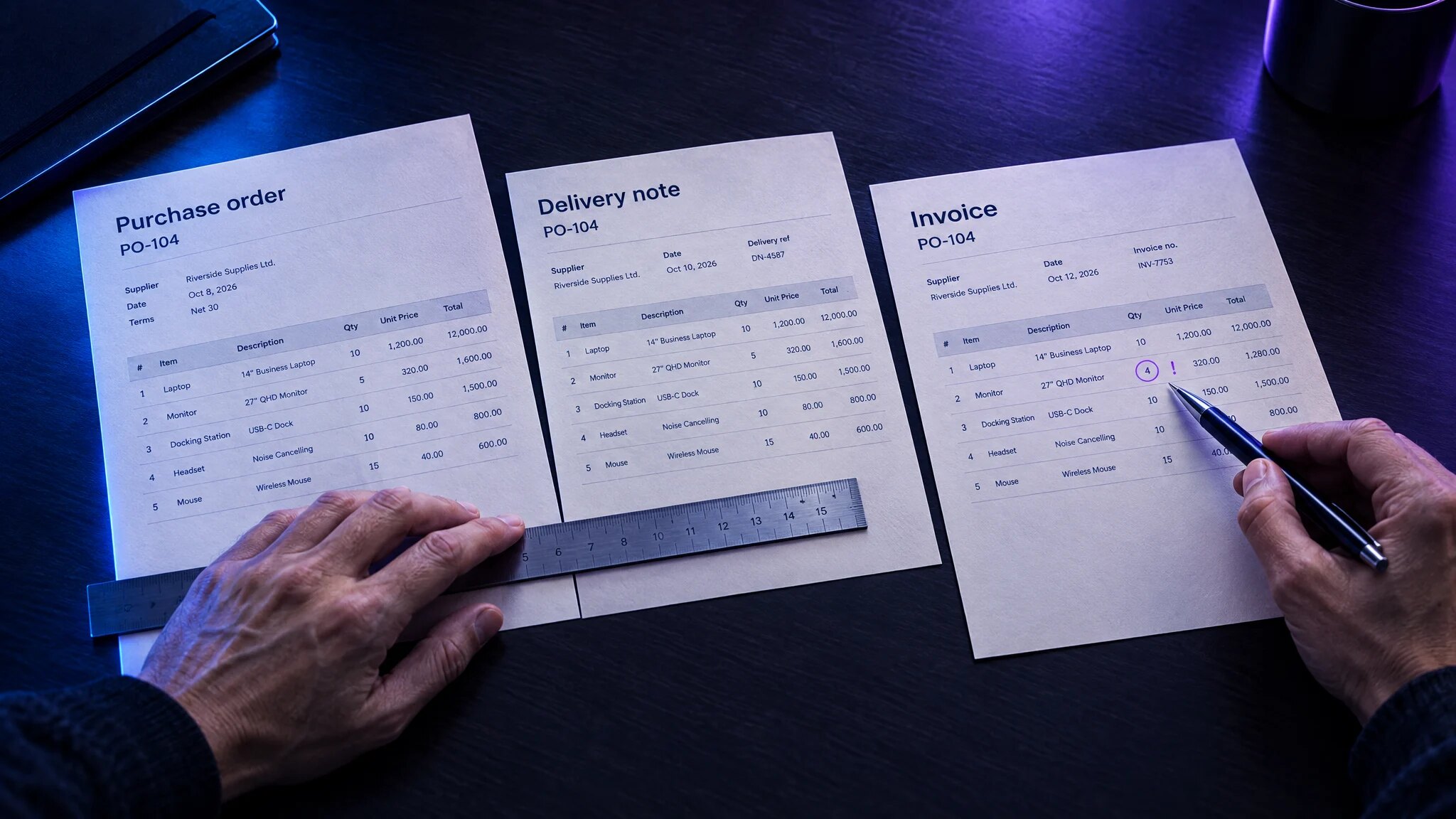 Hands comparing a sample purchase order, delivery note, and invoice under violet and blue light, with a mismatched invoice row marked for review