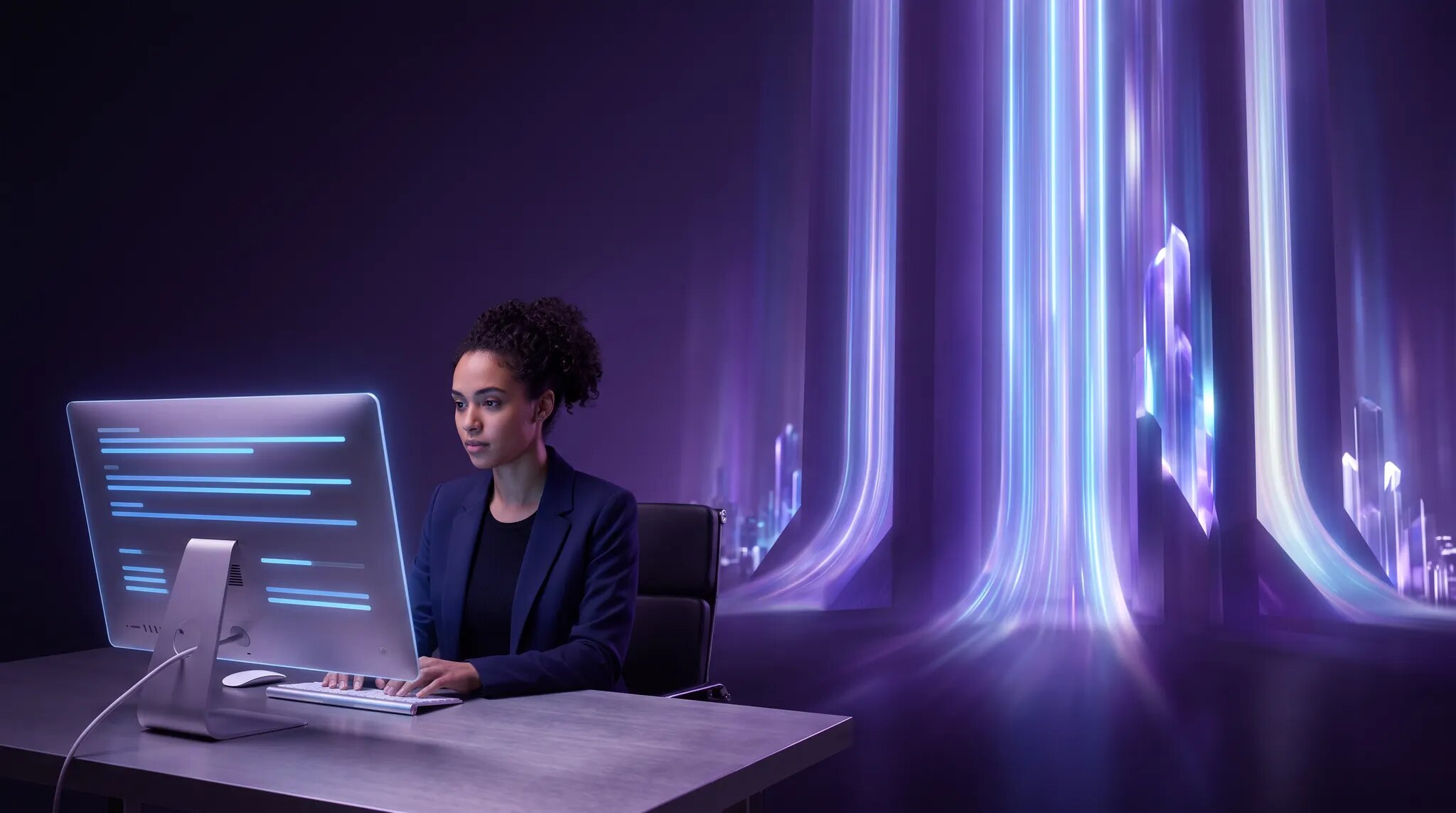 Founder reviewing customer traction on a glowing product dashboard as towering streams of investment capital rise in the distance