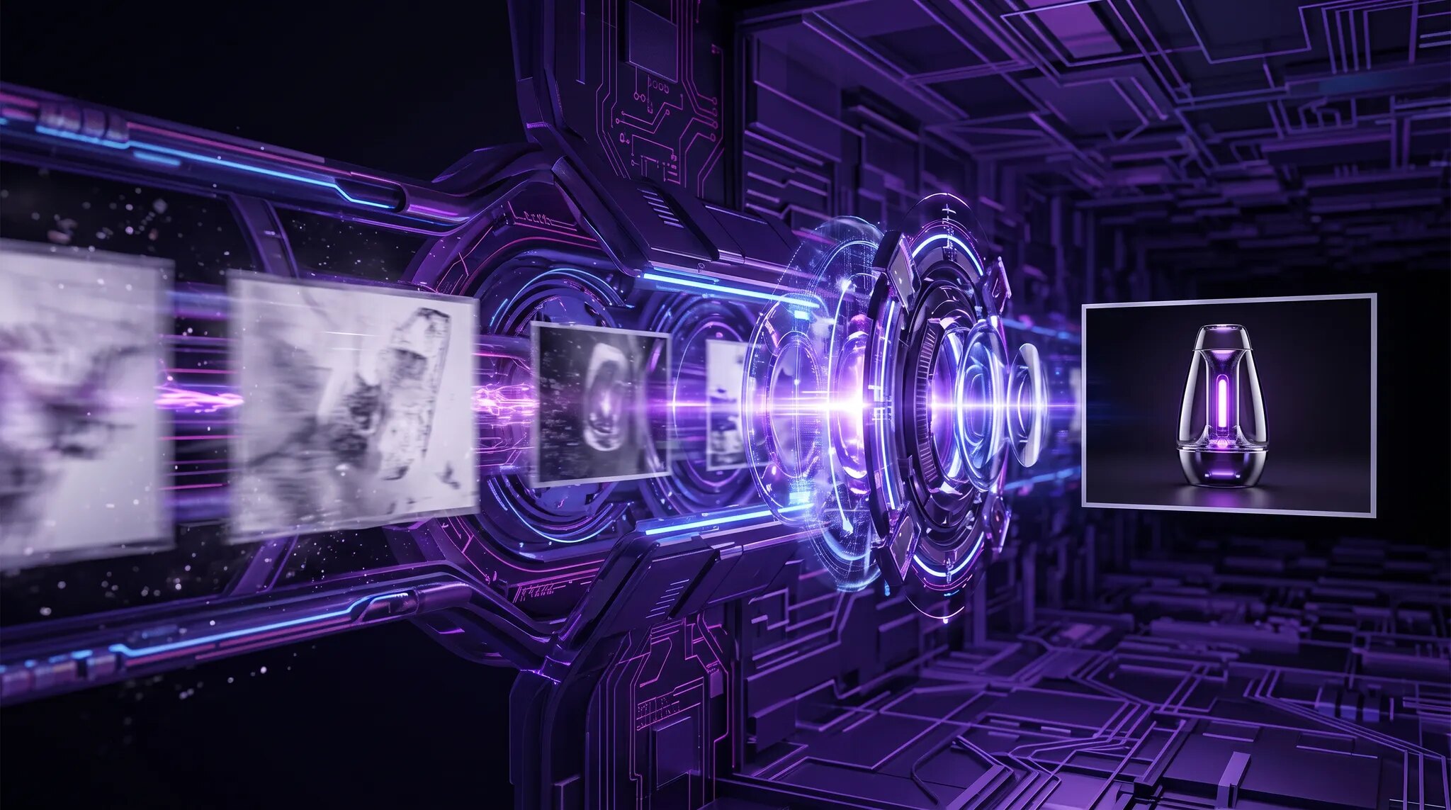 Rapid translucent image drafts moving through a violet review gate and emerging as one polished final product image