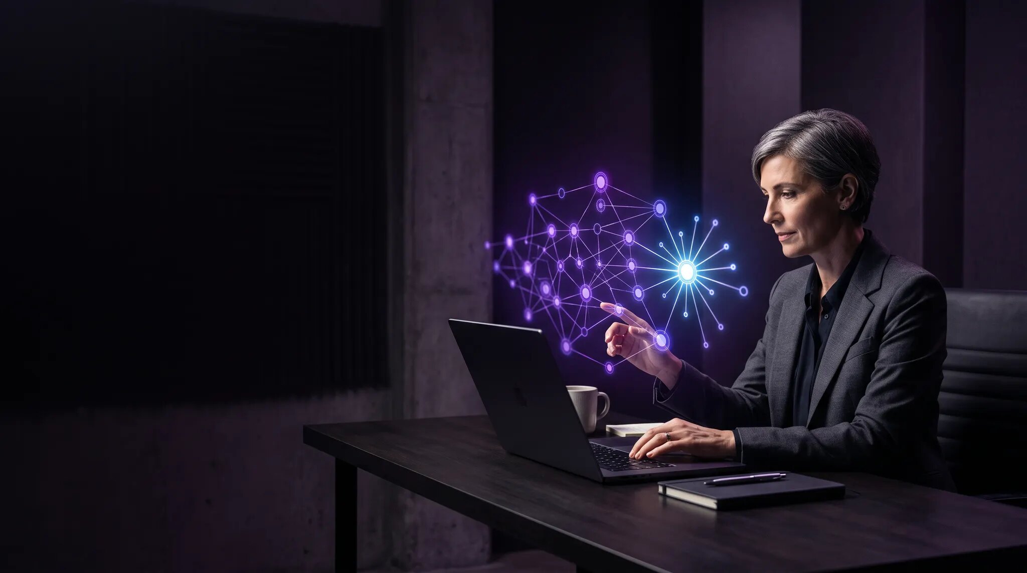 An experienced solo founder working beside a glowing network of purple and blue product-validation signals