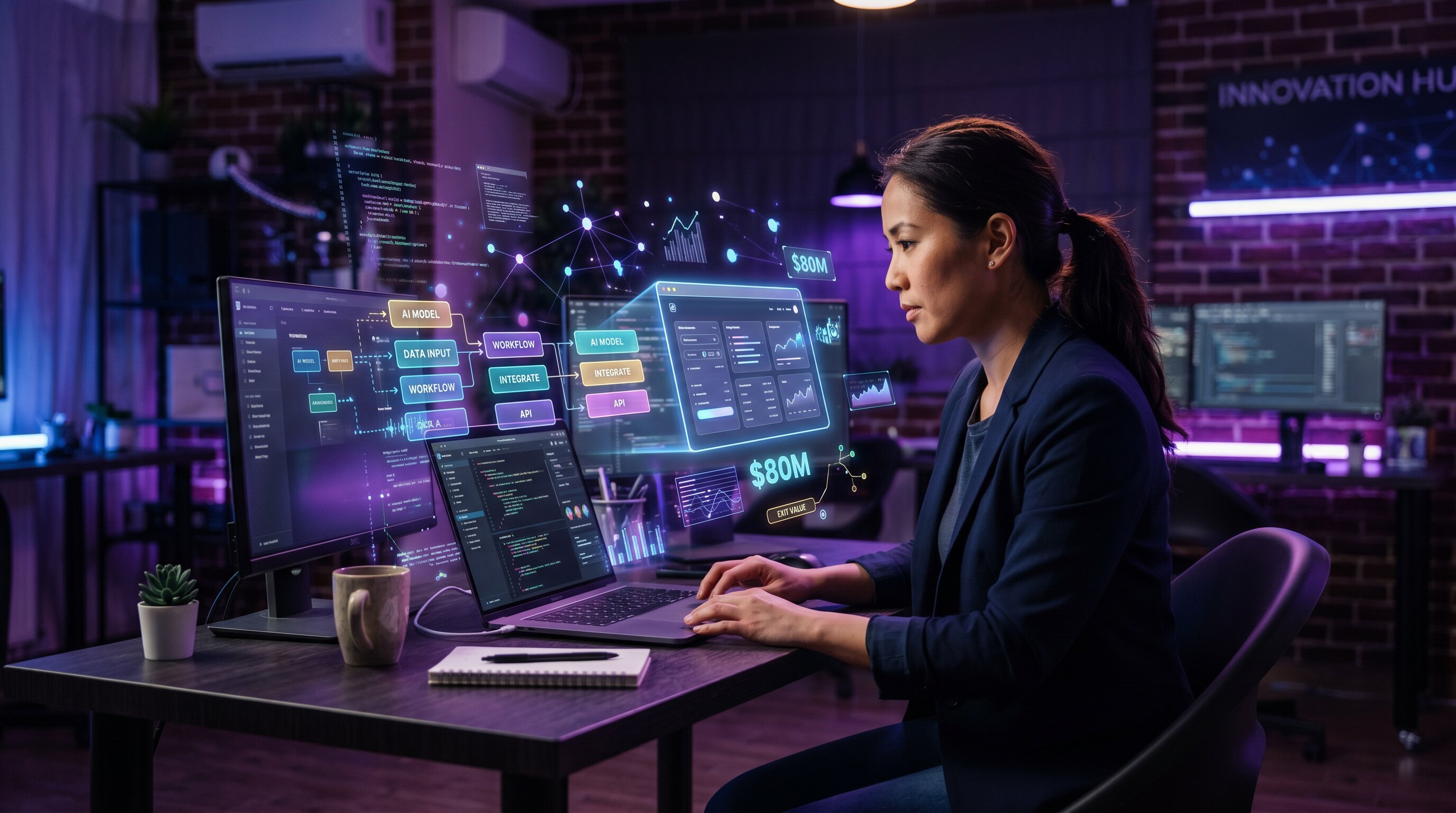 Founder building a no-code AI app at a desk, surrounded by holographic workflow panels and an $80M exit value