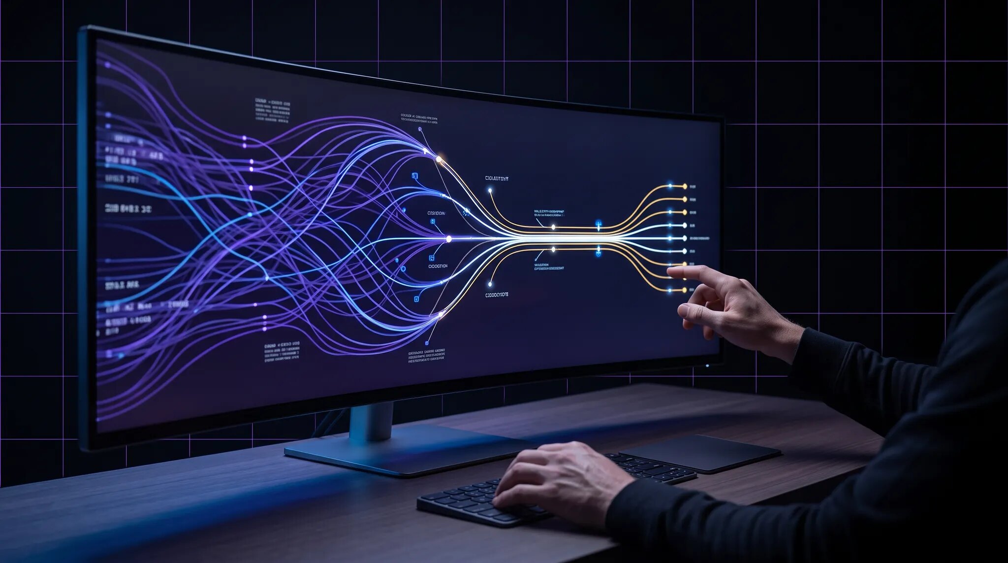 A domain expert reviewing violet and electric-blue AI workflow traces as corrected paths converge into a clean training dataset