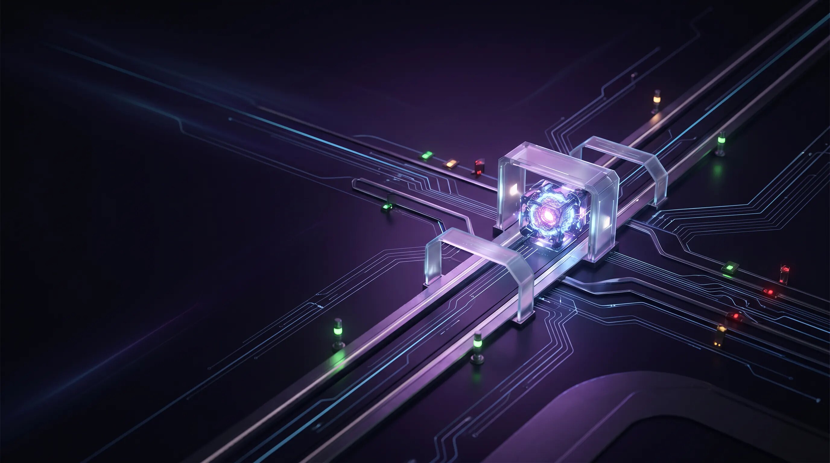 A glowing AI model core moving through transparent evaluation checkpoints on a dark purple and electric-blue circuit