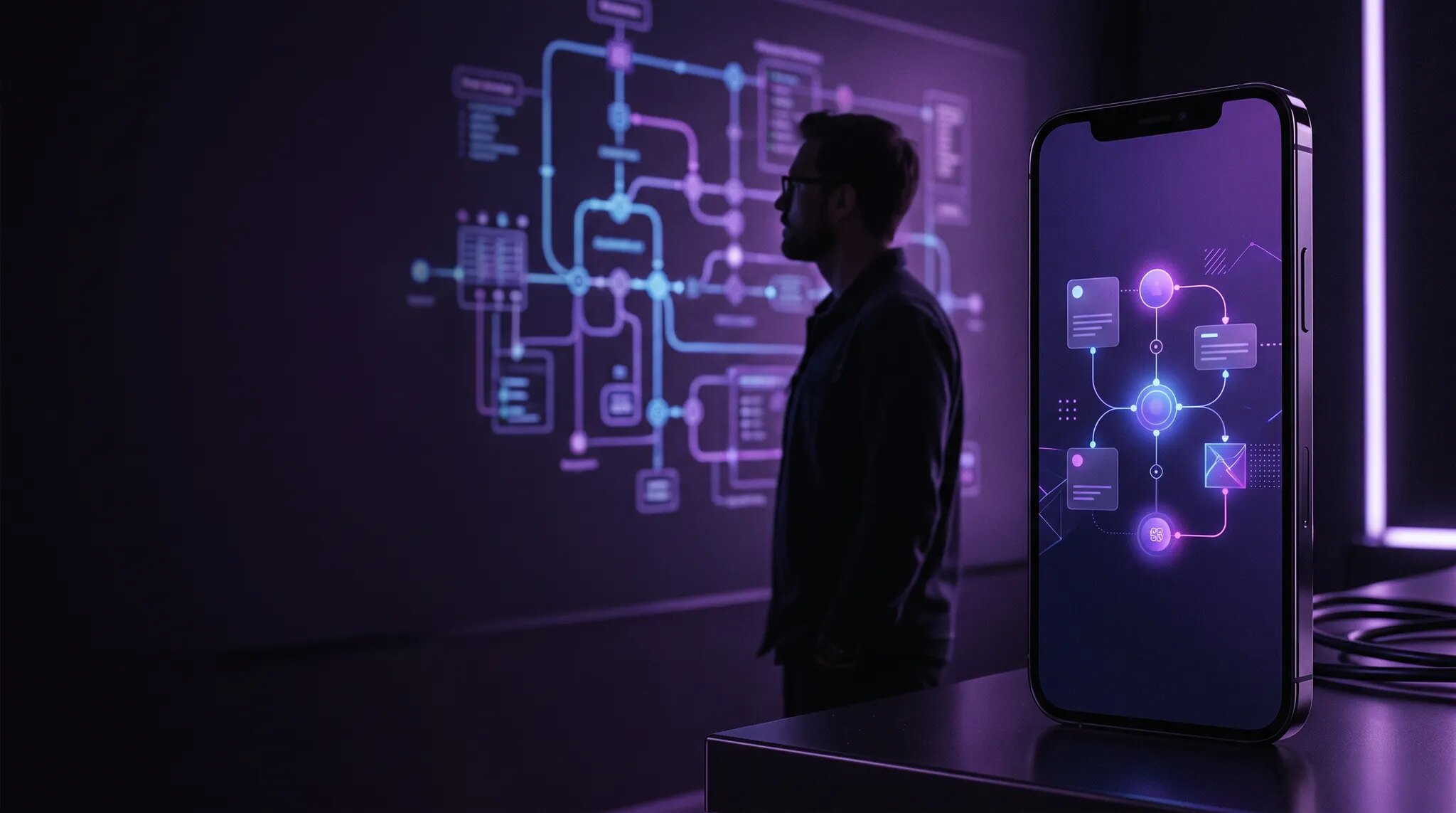 A founder studies a glowing mobile workflow beside a smartphone on a dark purple and electric blue background