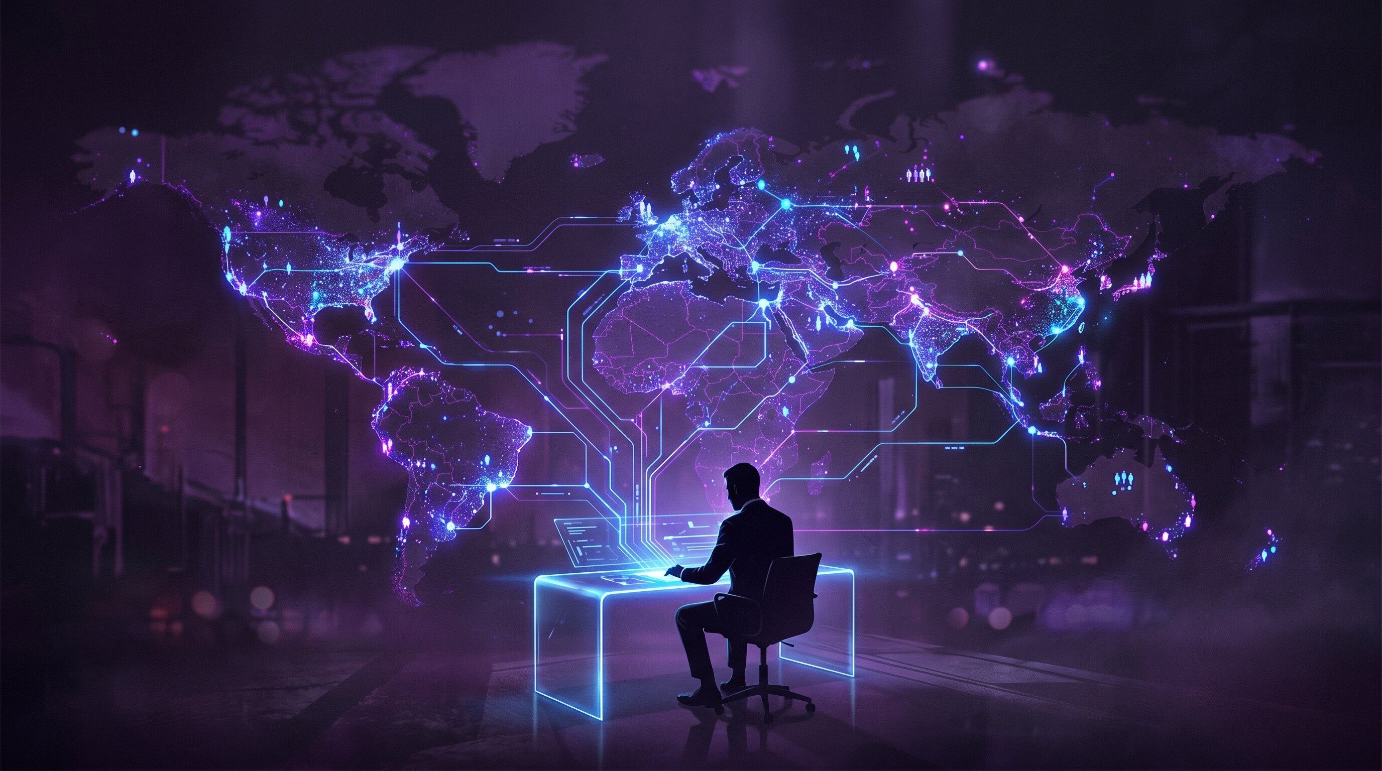 A lone founder at a glowing desk with distribution channels branching outward like a network map, deep purple and electric blue tones