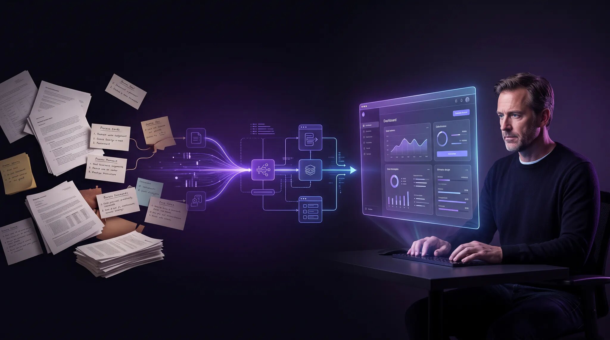 A domain-expert founder shaping business documents and workflow steps into a glowing AI product prototype