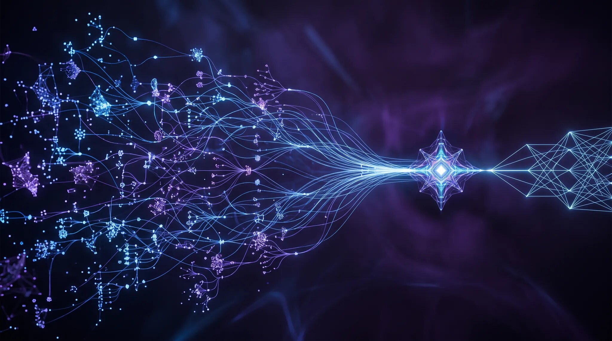A web of violet and electric-blue AI reasoning paths converging through a bright verification gate into a precise geometric result