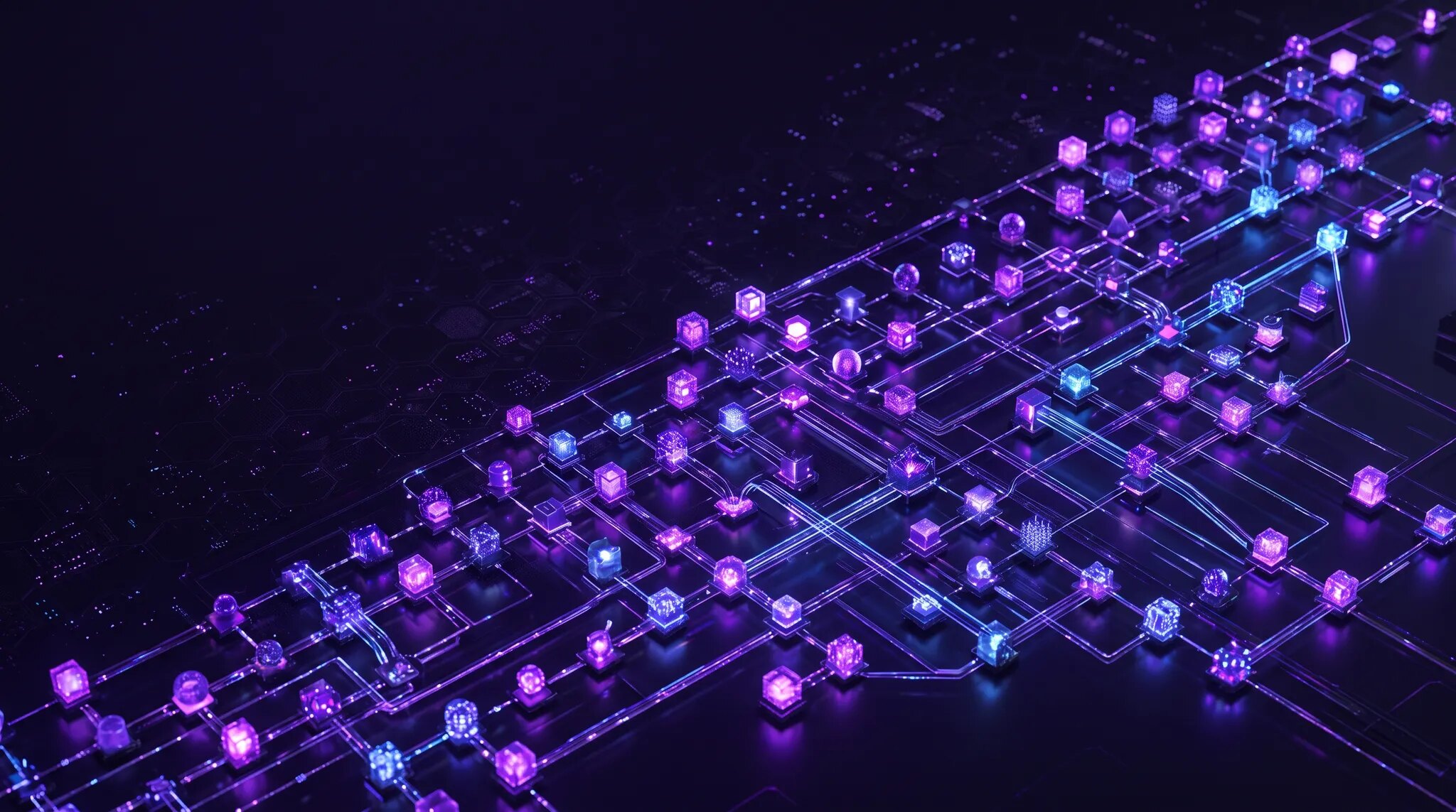 Glowing purple and blue tool nodes connected across a dark modular network grid