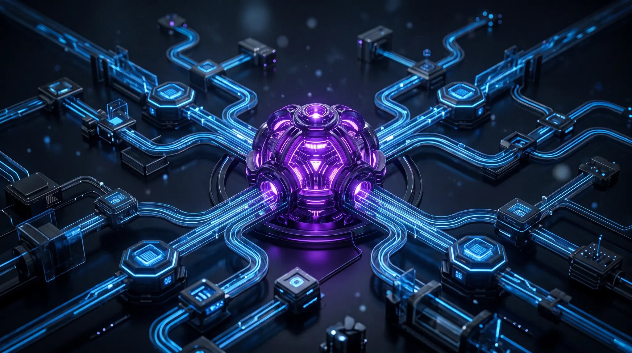 A violet workflow core surrounded by modular electric-blue AI agent infrastructure on a dark background