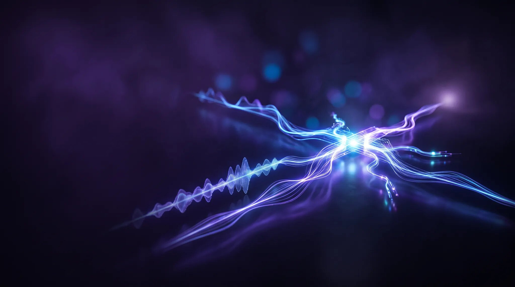 Glowing blue and violet voice signals meeting at a decision point against a dark background
