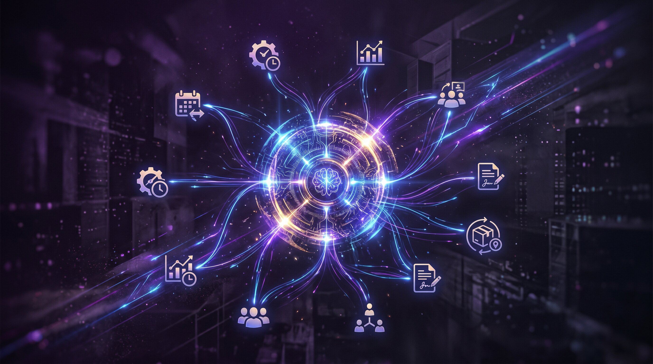 A glowing autonomous AI agent at the center of a network connecting to business workflow icons, dark purple and electric blue tech illustration