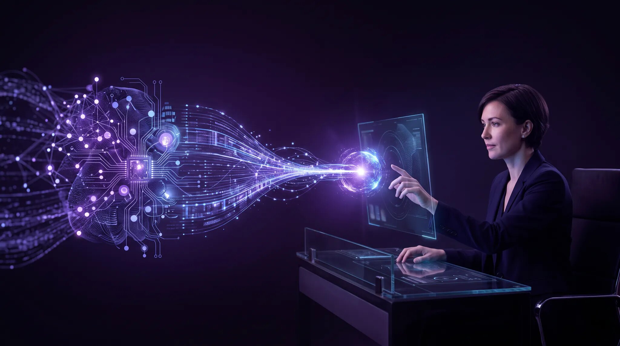 A glowing AI workflow transferring a task to a human expert at a control desk