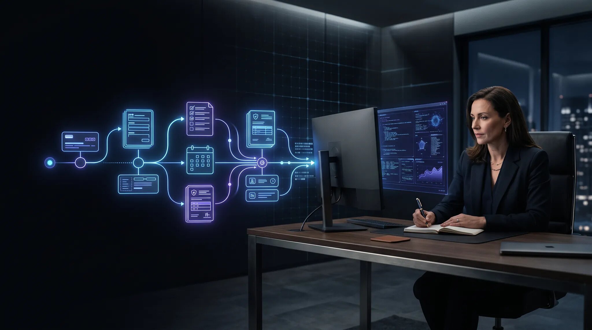 A domain expert at a desk while a glowing AI workflow organizes forms, schedules, and administrative records around them