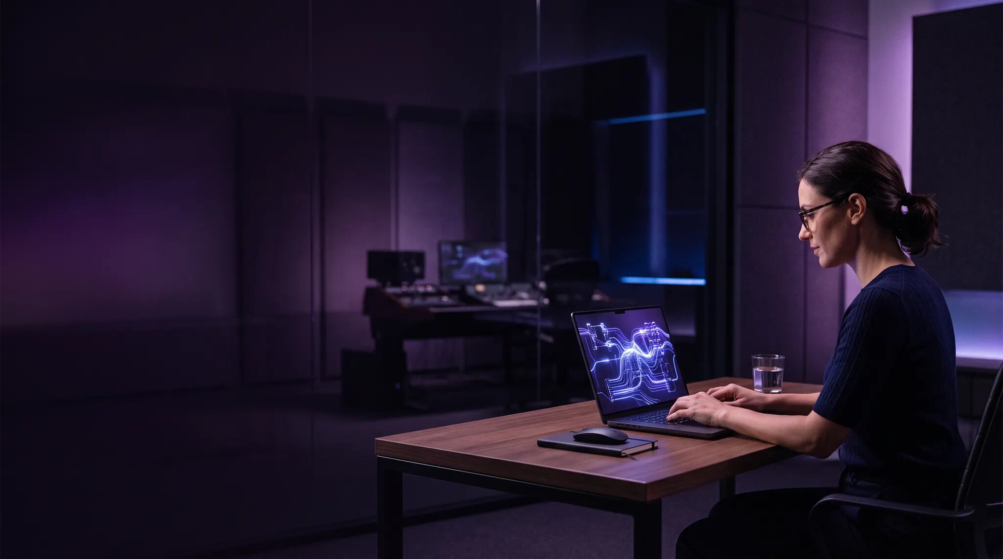 A domain expert using a laptop with a luminous AI agent running locally in a dark violet and electric blue workspace