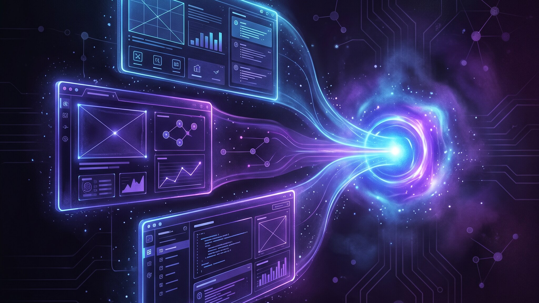Three glowing app-builder interface panels converging into a single luminous AI product on a dark purple background