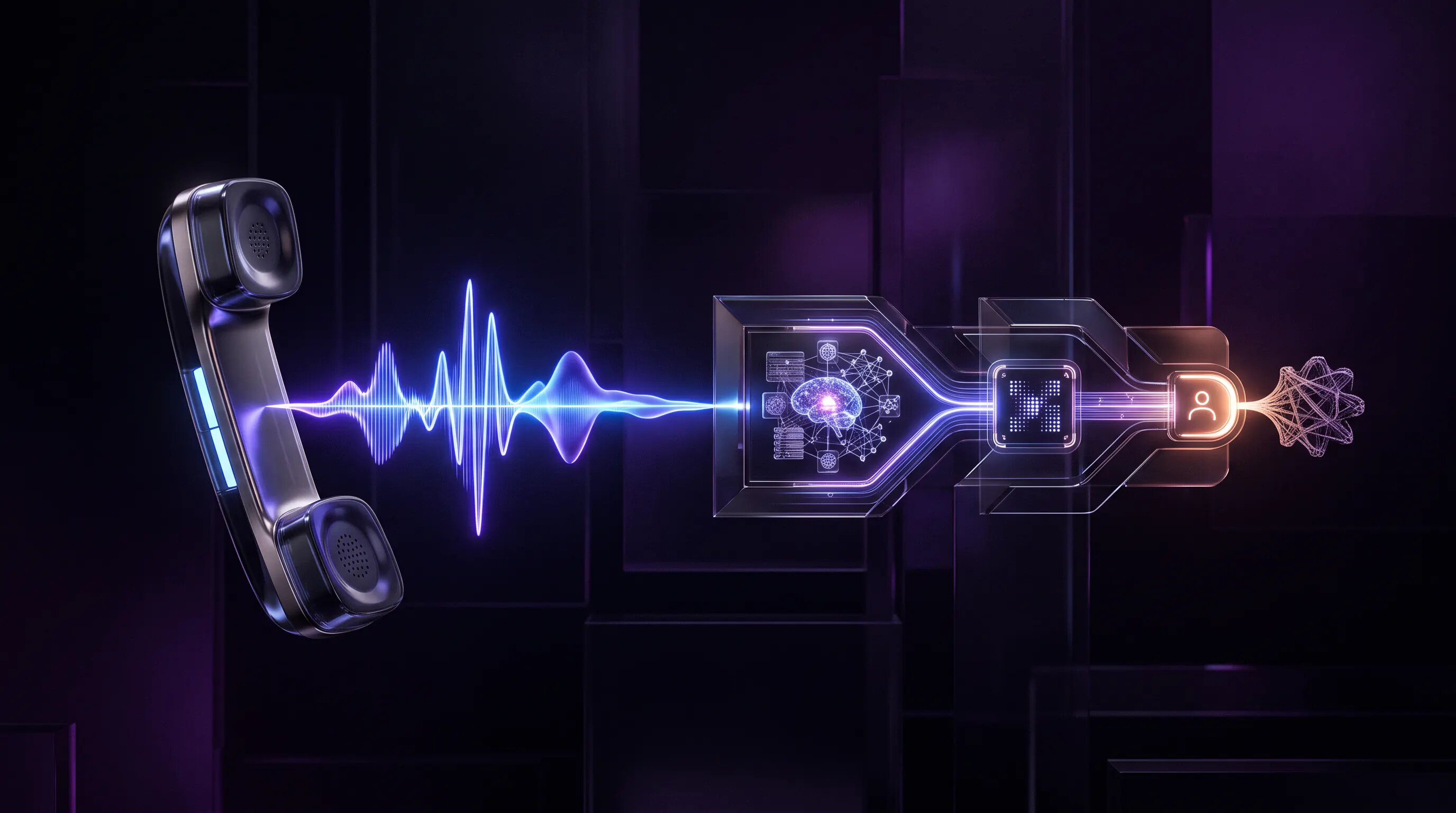 A metallic phone receiver sending a glowing blue voice waveform through an AI workflow on a dark purple background
