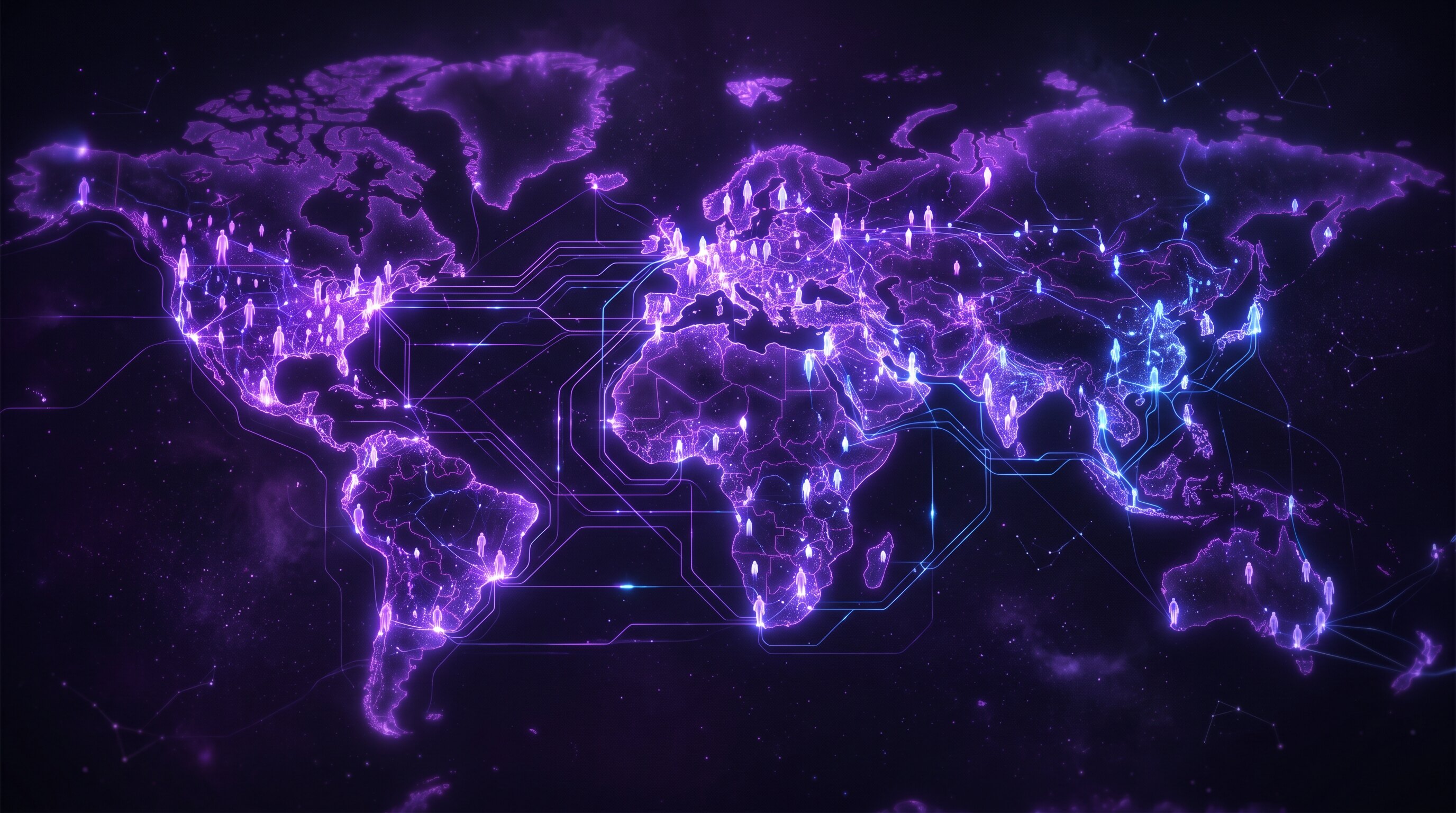 A glowing constellation map of human silhouettes connected by purple and electric-blue lines, representing people seeking expert guidance