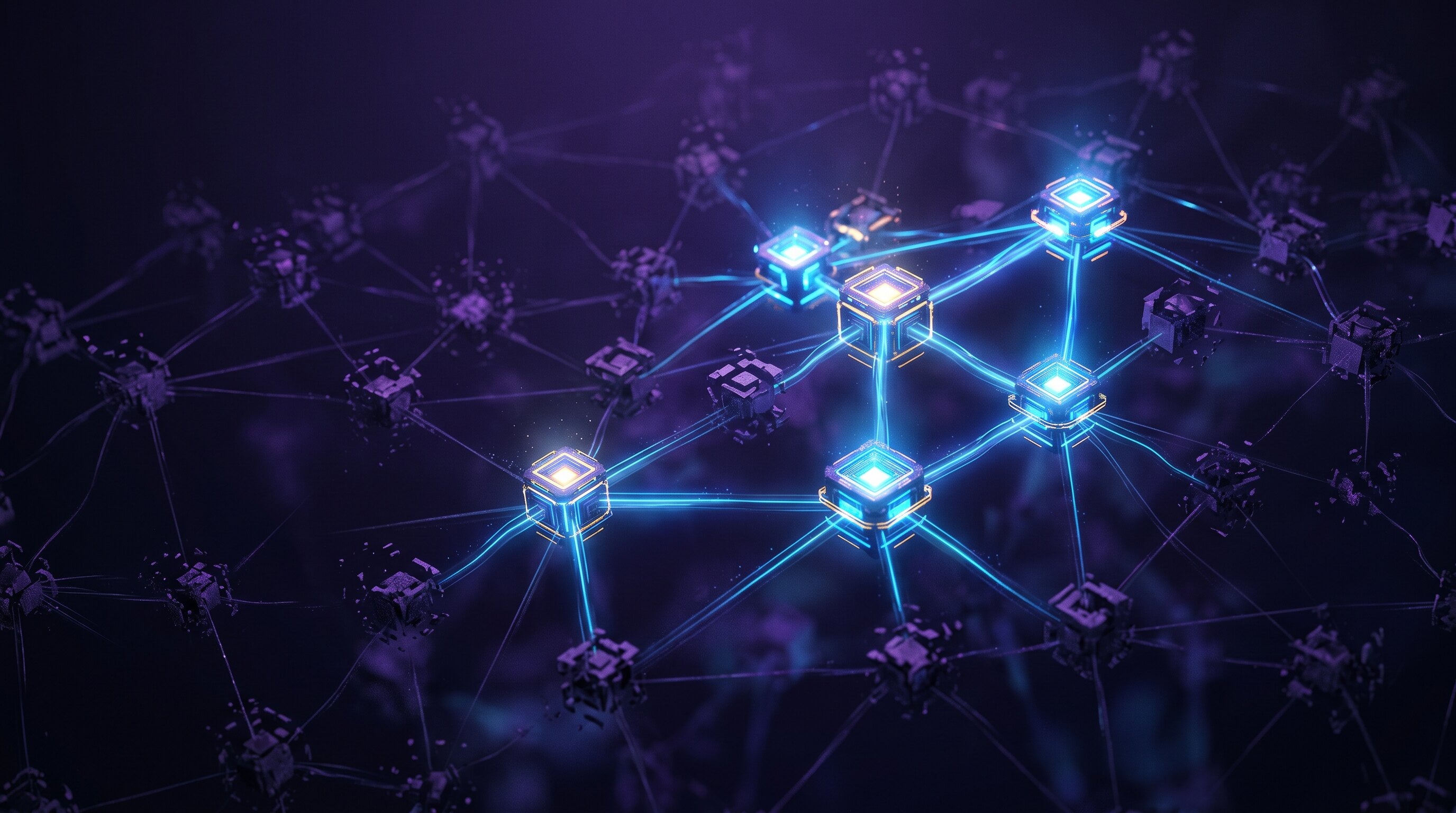 A dark network of AI agent nodes with a few bright, focused nodes standing out against dimmer failing ones