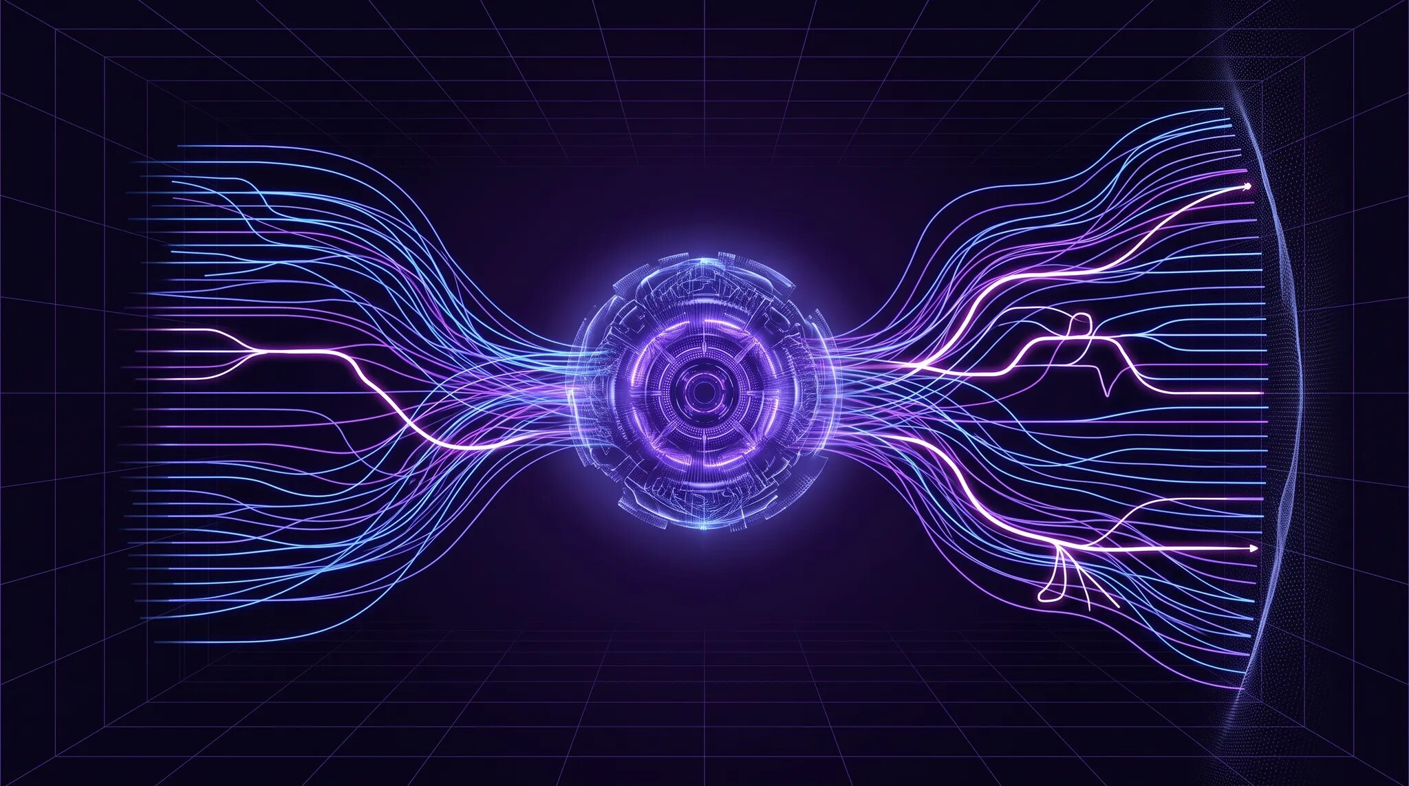 A glowing AI workflow moving through branching purple and blue production traces while anomalous paths are flagged before release
