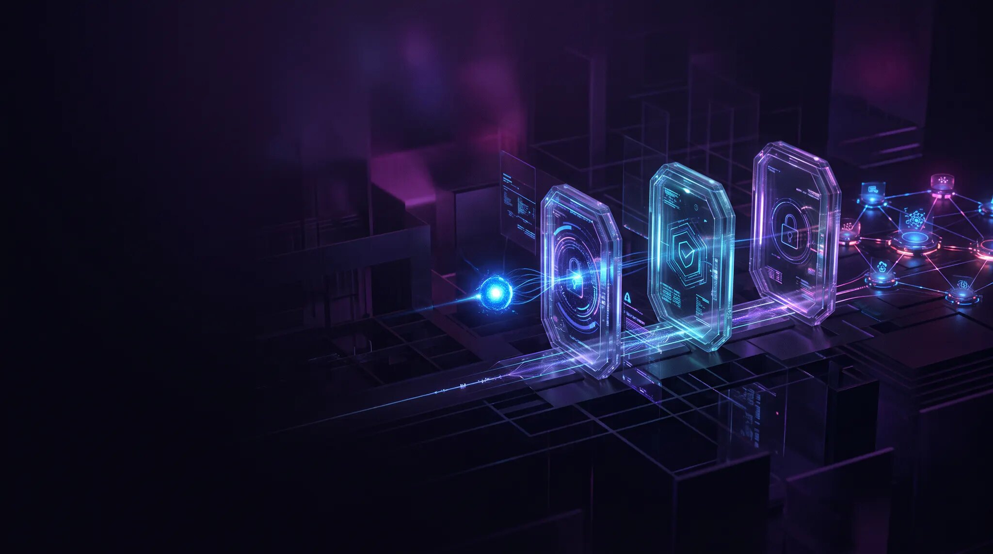 A glowing AI worker moving through transparent permission gates toward a network of connected business tools