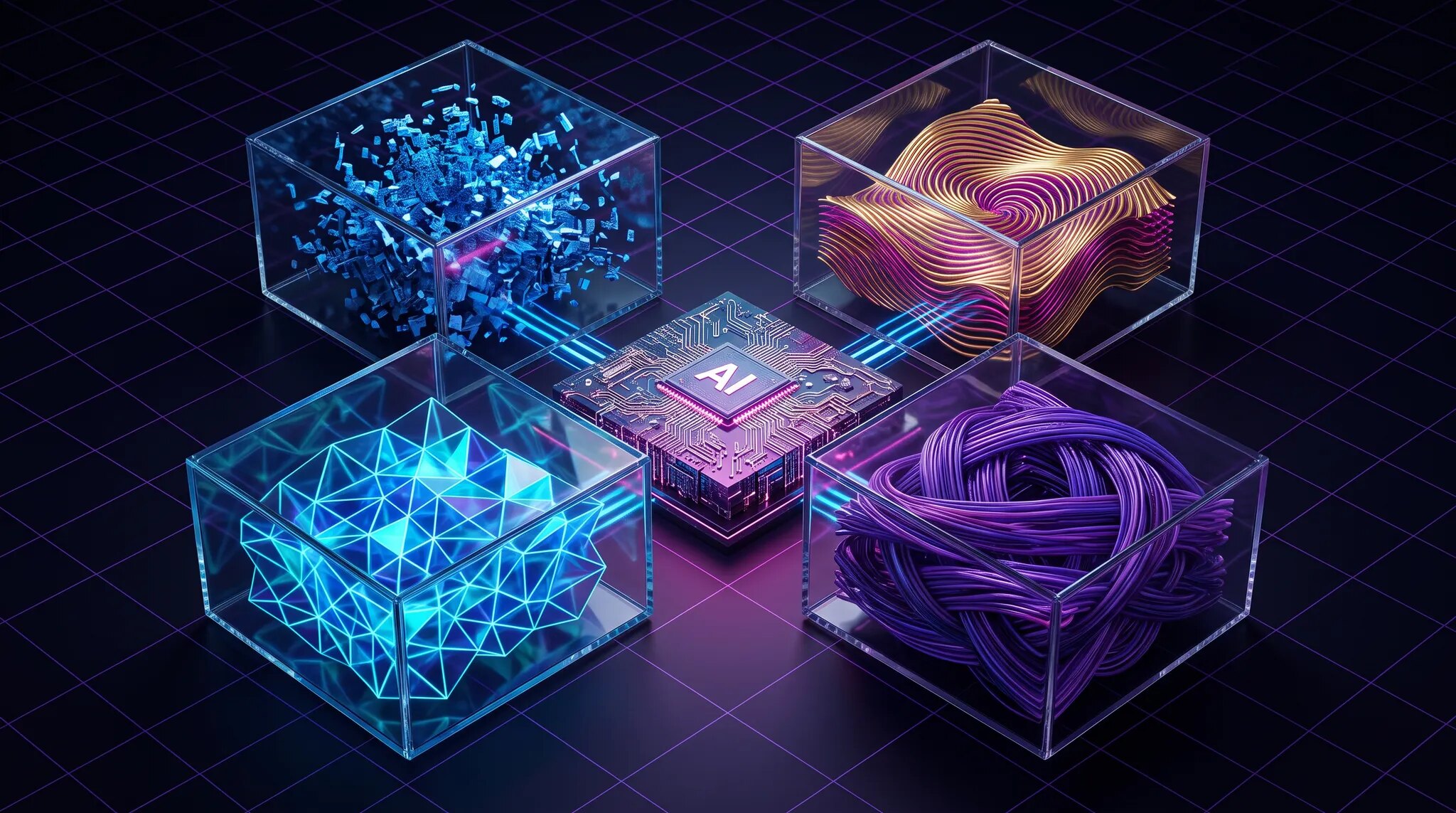 A luminous AI memory core surrounded by separate violet and blue data chambers representing isolated user and tenant memories