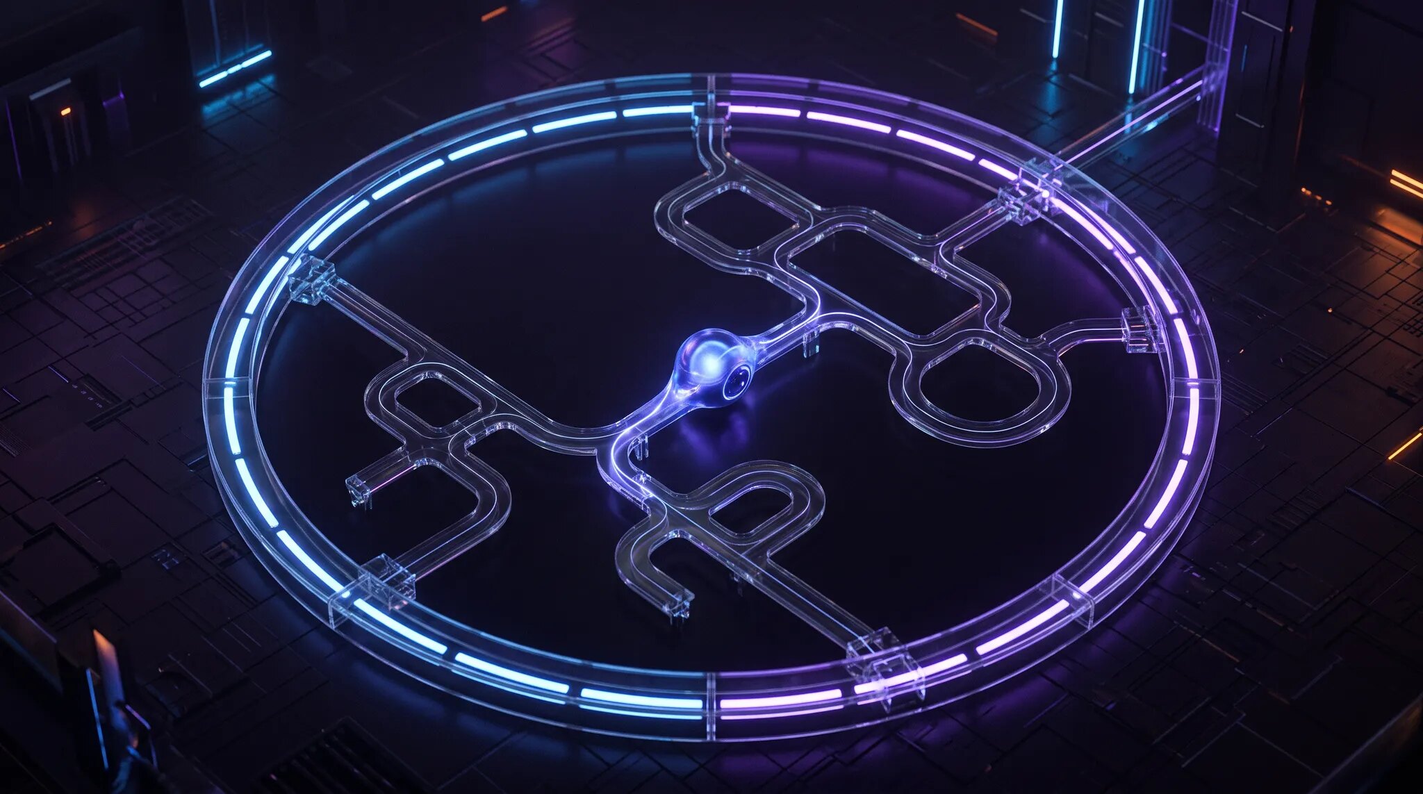 A luminous AI worker moving through branching glass pathways inside a finite blue and purple energy boundary