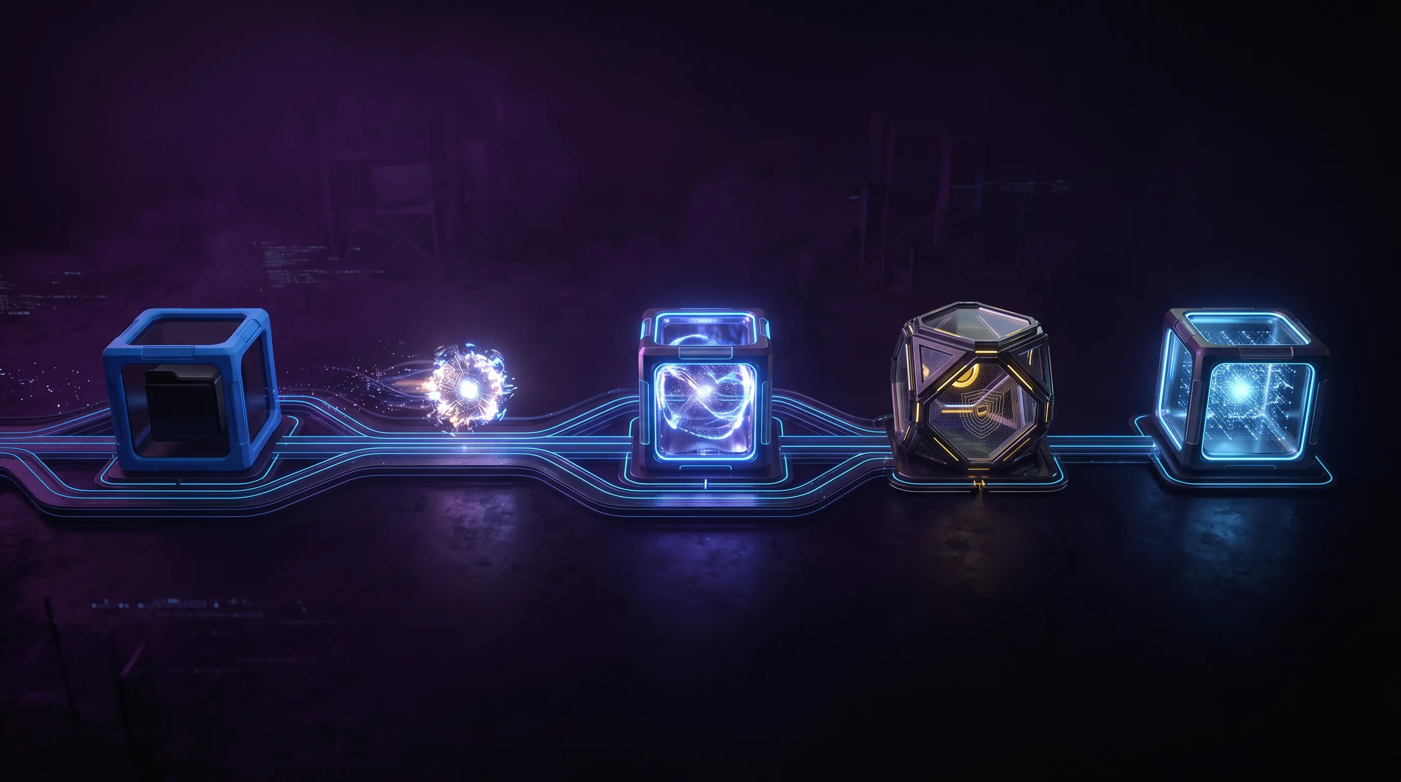 A glowing AI agent workflow moving through queued, active, approval, and completed checkpoints on a dark purple background