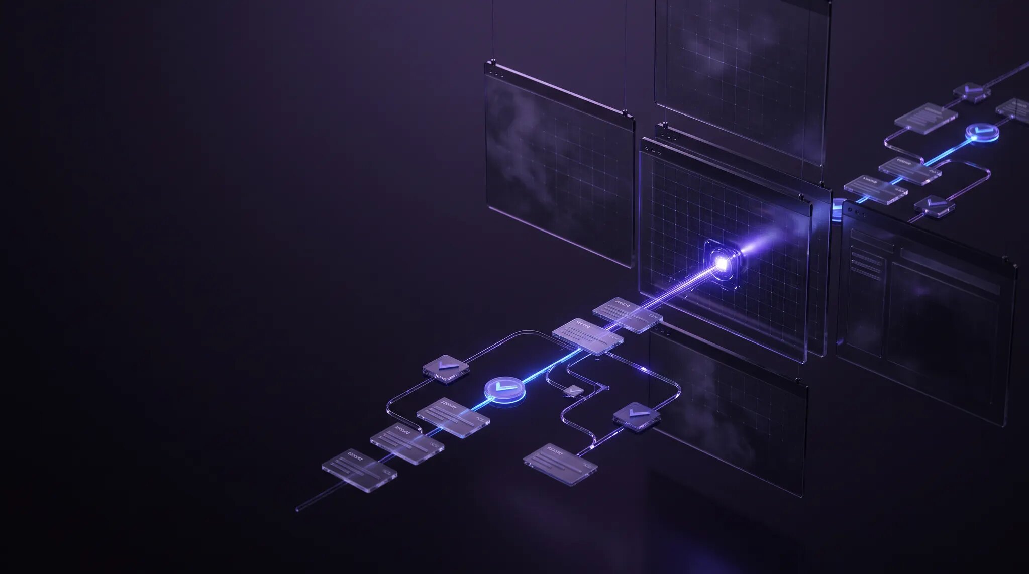 A luminous AI agent completing a business workflow beside a structured trail of violet and blue confirmation records