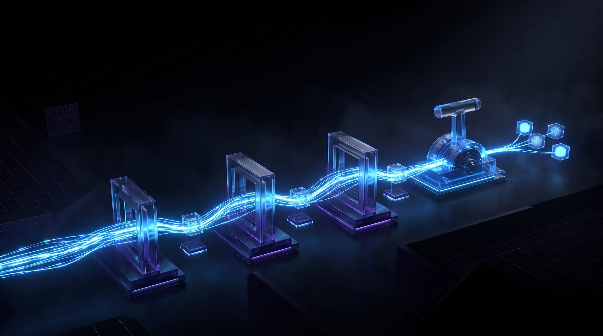 A luminous AI workflow passing through purple release gates, evaluation checkpoints, and a rollback switch