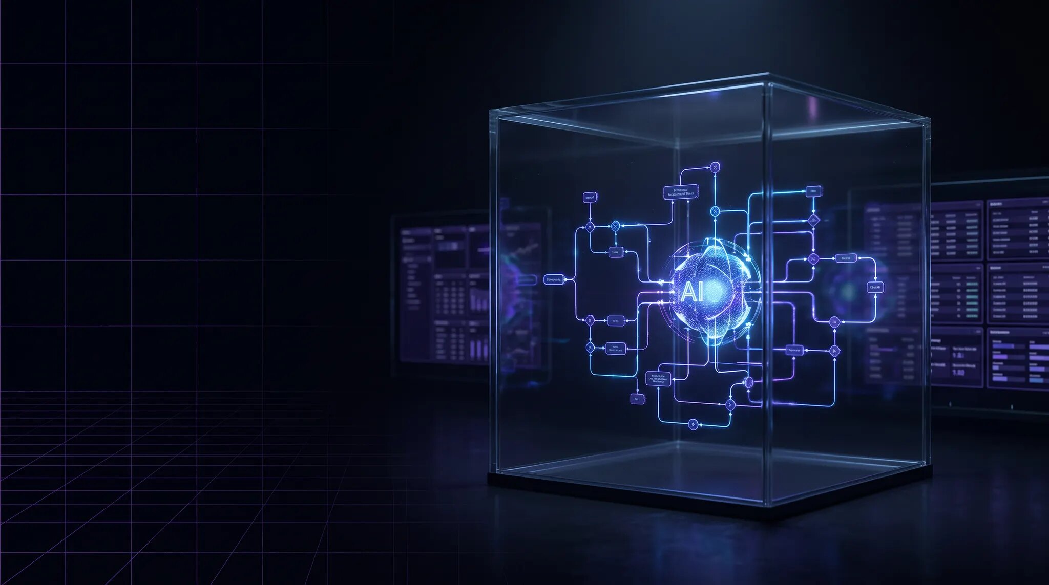 A luminous AI agent core running simulated workflows inside a transparent violet and blue testing chamber