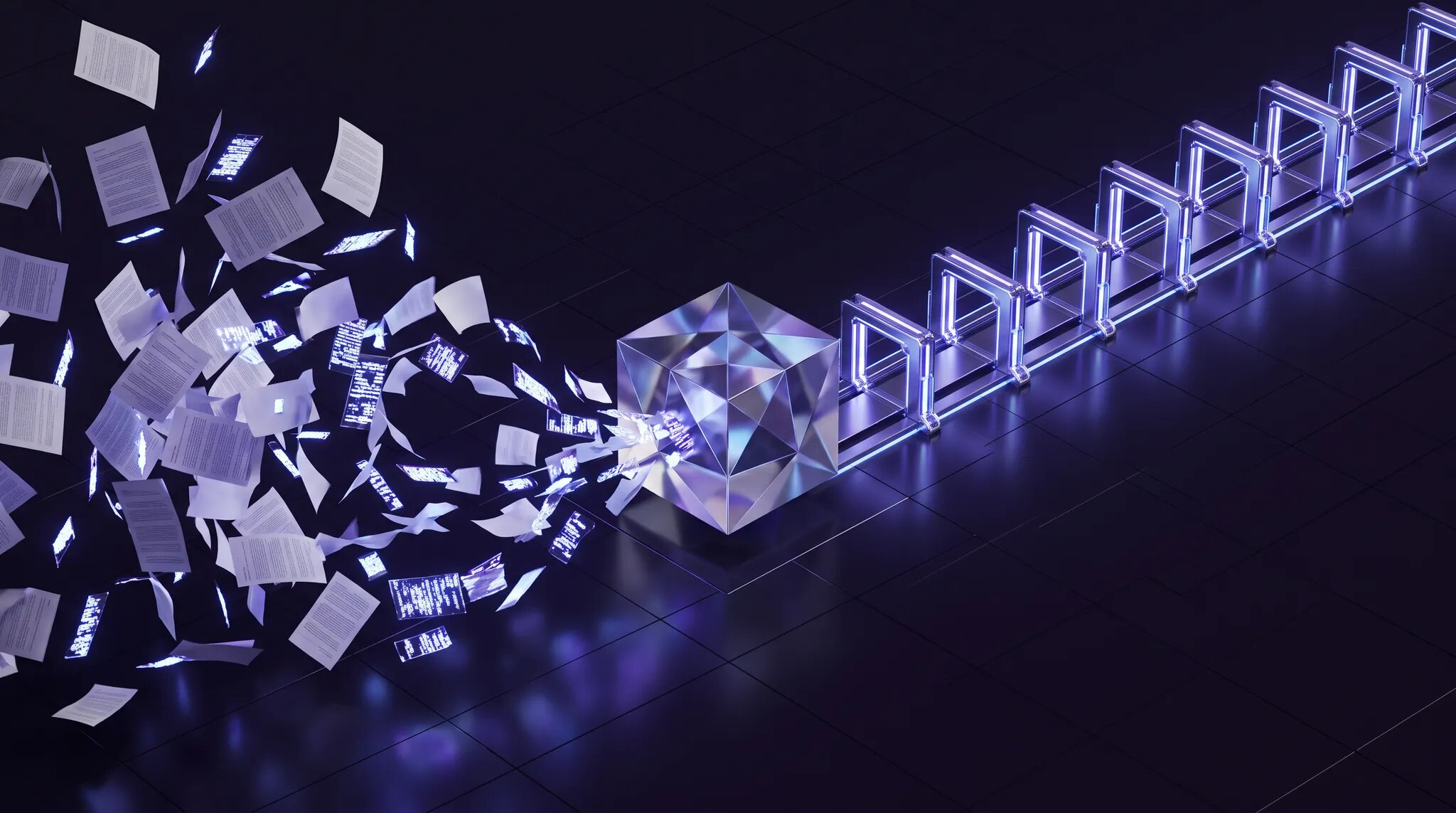 A luminous AI decision node turning scattered documents into a precise sequence of repeatable workflow steps