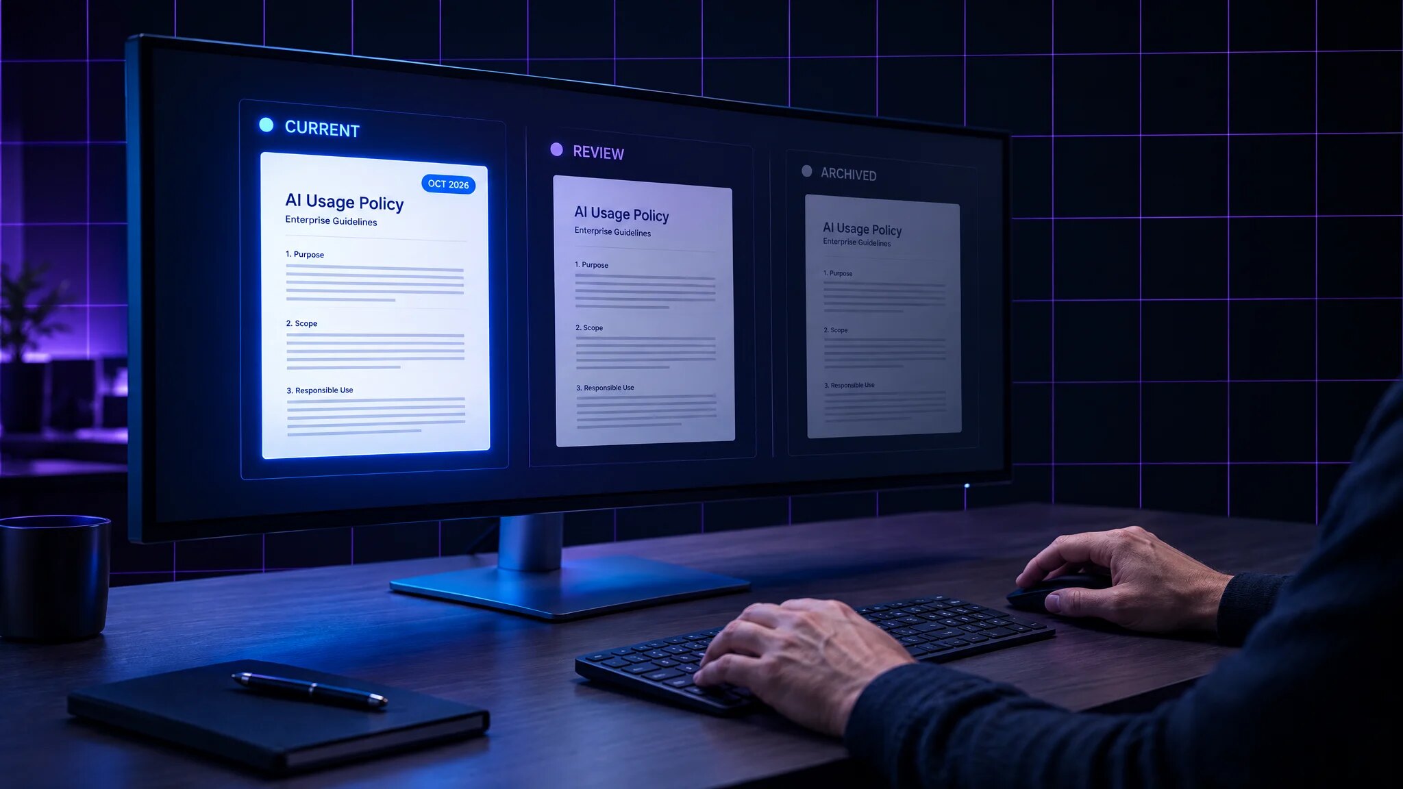 Professional reviewing current, review-pending, and archived policy documents on a monitor in a dark violet workspace