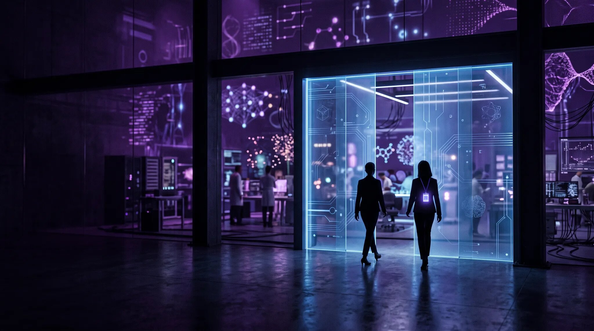 A professional with an illuminated identity badge approaching a secure gateway into a violet and electric blue scientific AI workspace