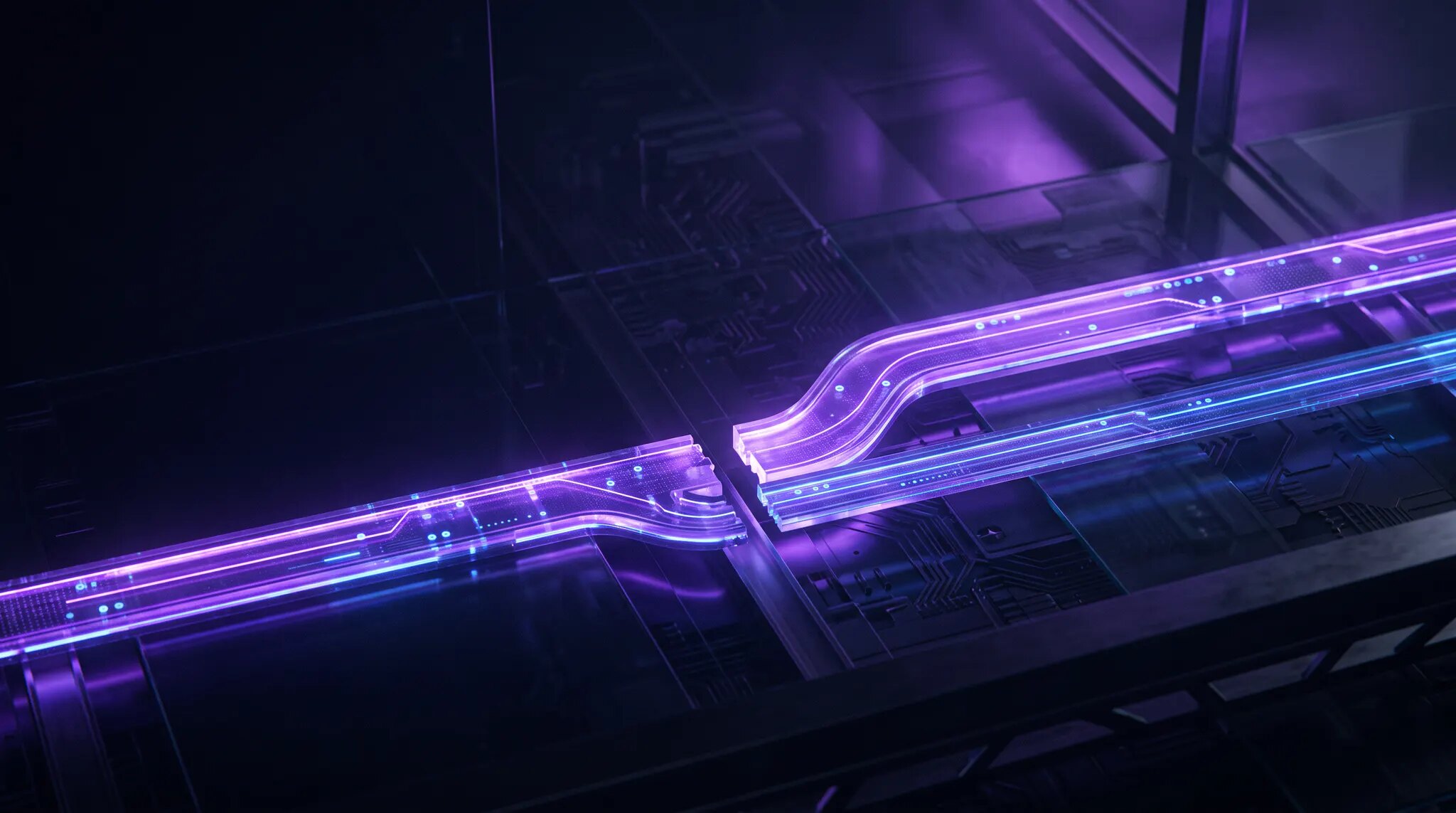 A glowing purple and blue AI workflow rerouting around a broken connection on a dark circuit-like surface
