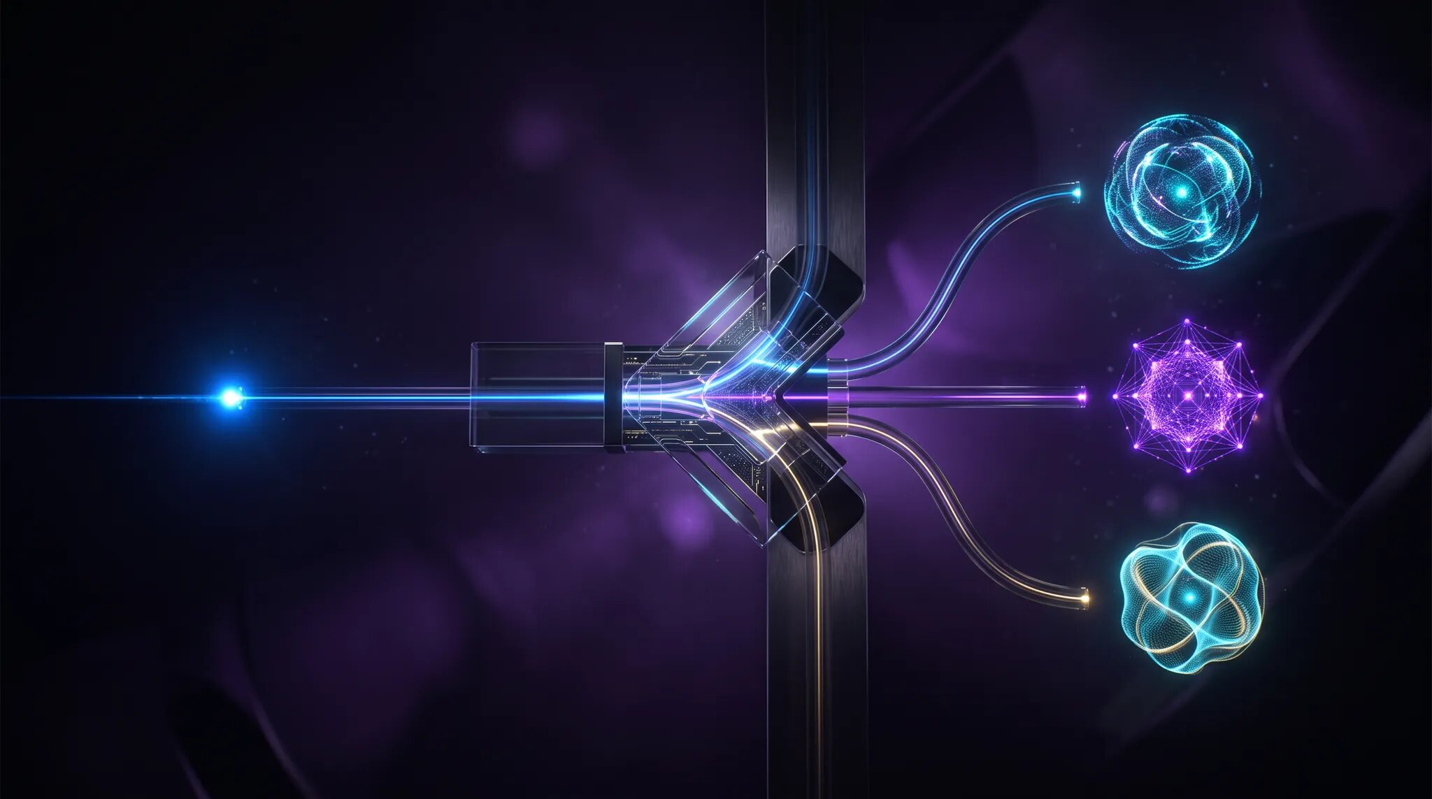 A luminous AI workflow splitting through a routing junction toward three different model cores on a dark violet background