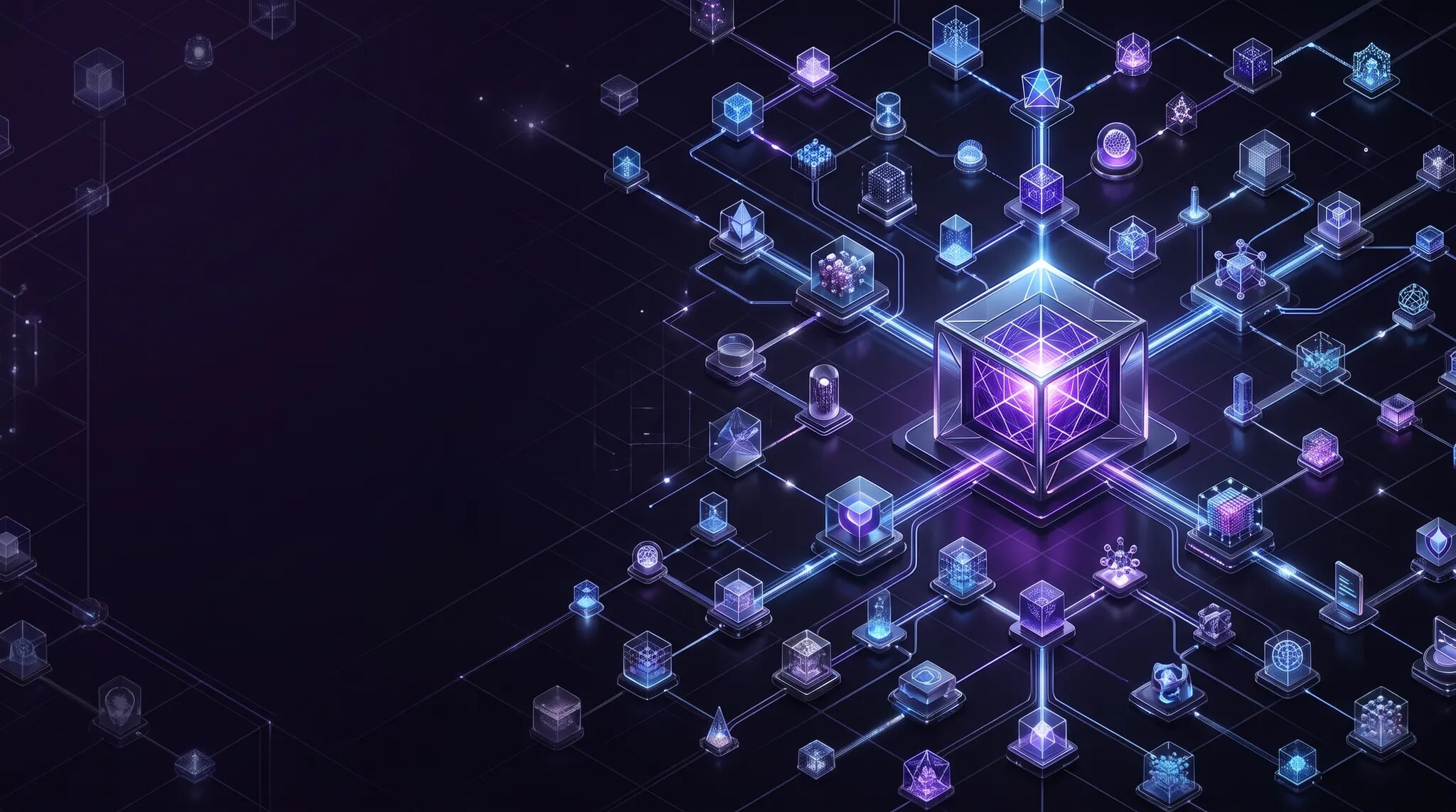 A luminous digital catalog connecting AI tools, skills, APIs, and agents across a violet and electric blue network