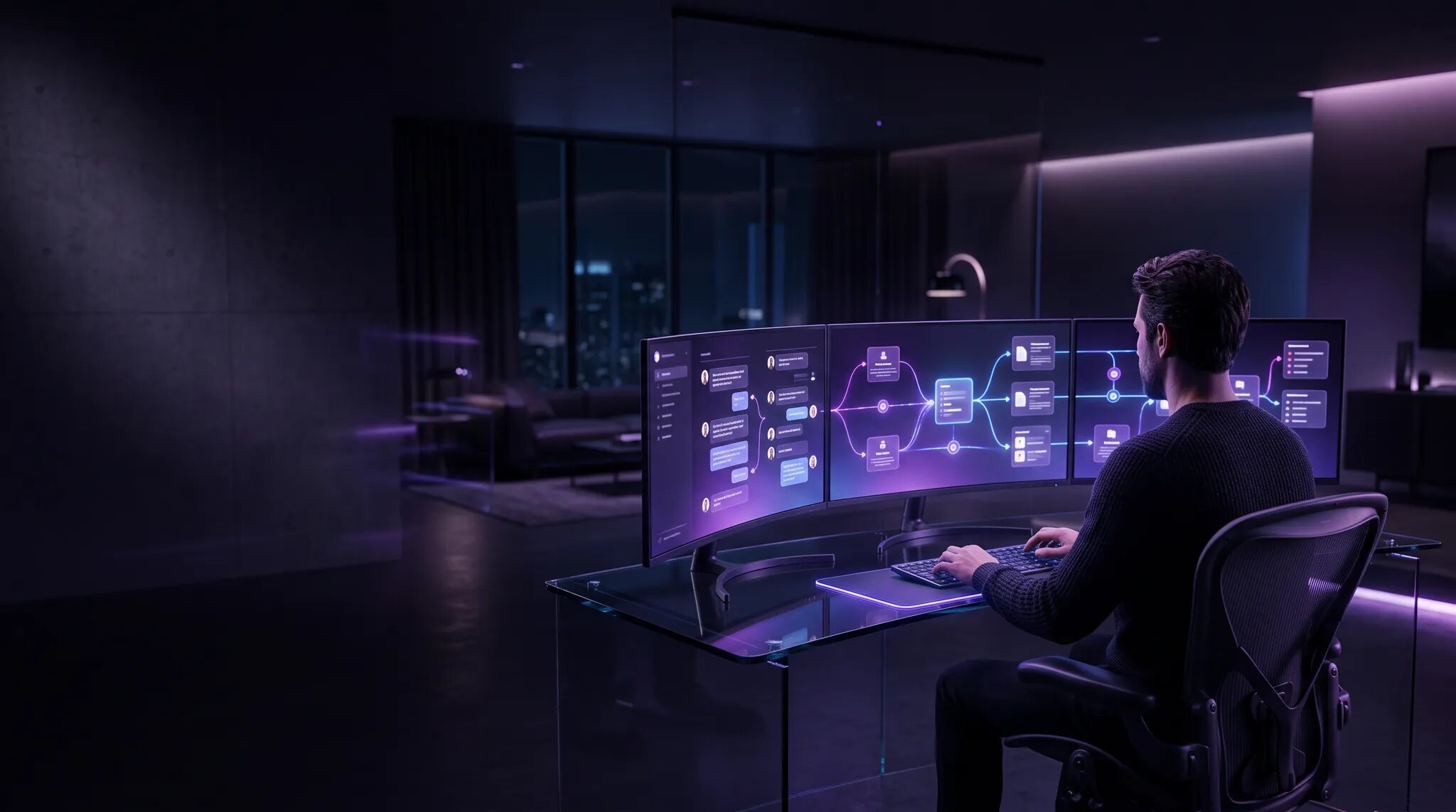 A founder working across connected AI workflow screens in a dark violet and electric blue office