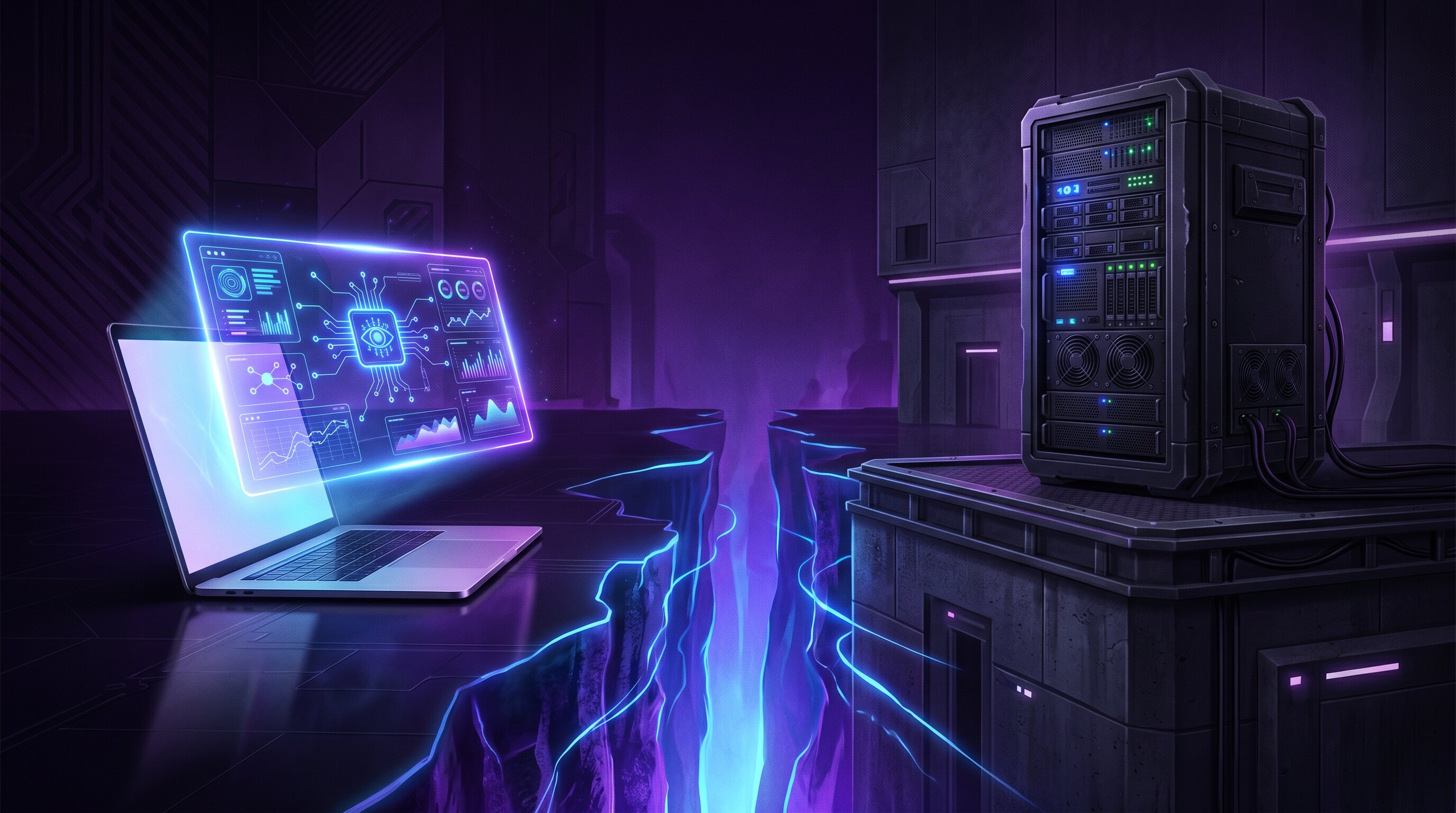 A glowing AI app prototype on a laptop with a wide gap separating it from a secured production server, dark purple and electric blue tech scene
