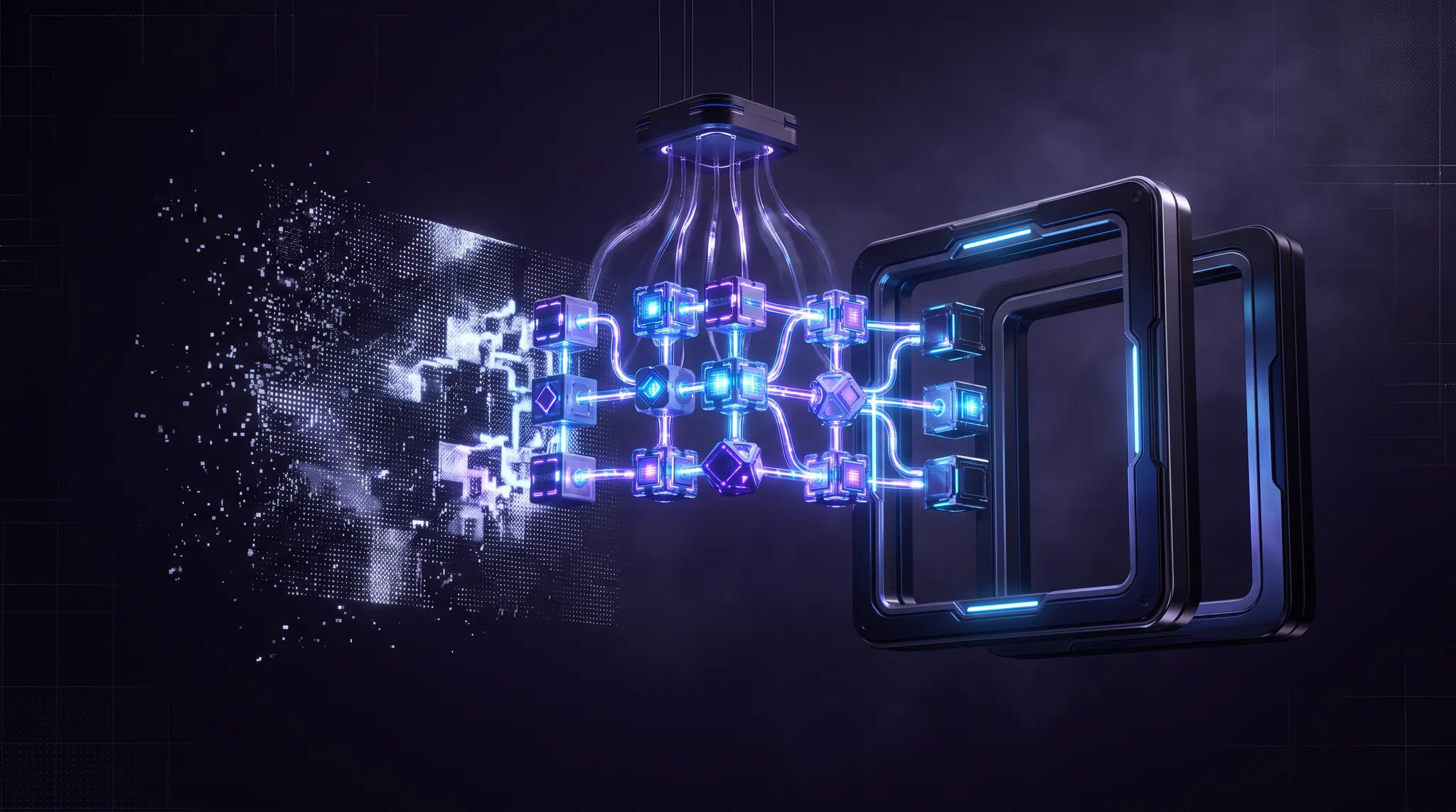 Modular glowing AI workflow blocks moving from a fading visual canvas into a durable open architecture