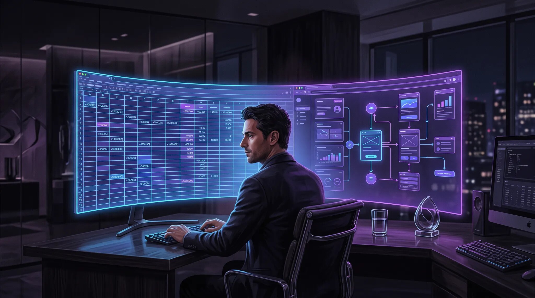 A domain expert watching a glowing spreadsheet transform into a polished web application on a dark purple and blue screen